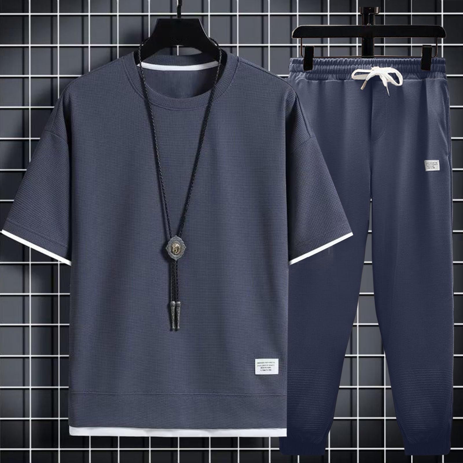 Traje Casual Hombre 2 Piezas Camiseta Oversize de Punto Waffle Pantalones Largos Jogger Cómodos Conjunto de Verano para Hombre Moderno — view 6