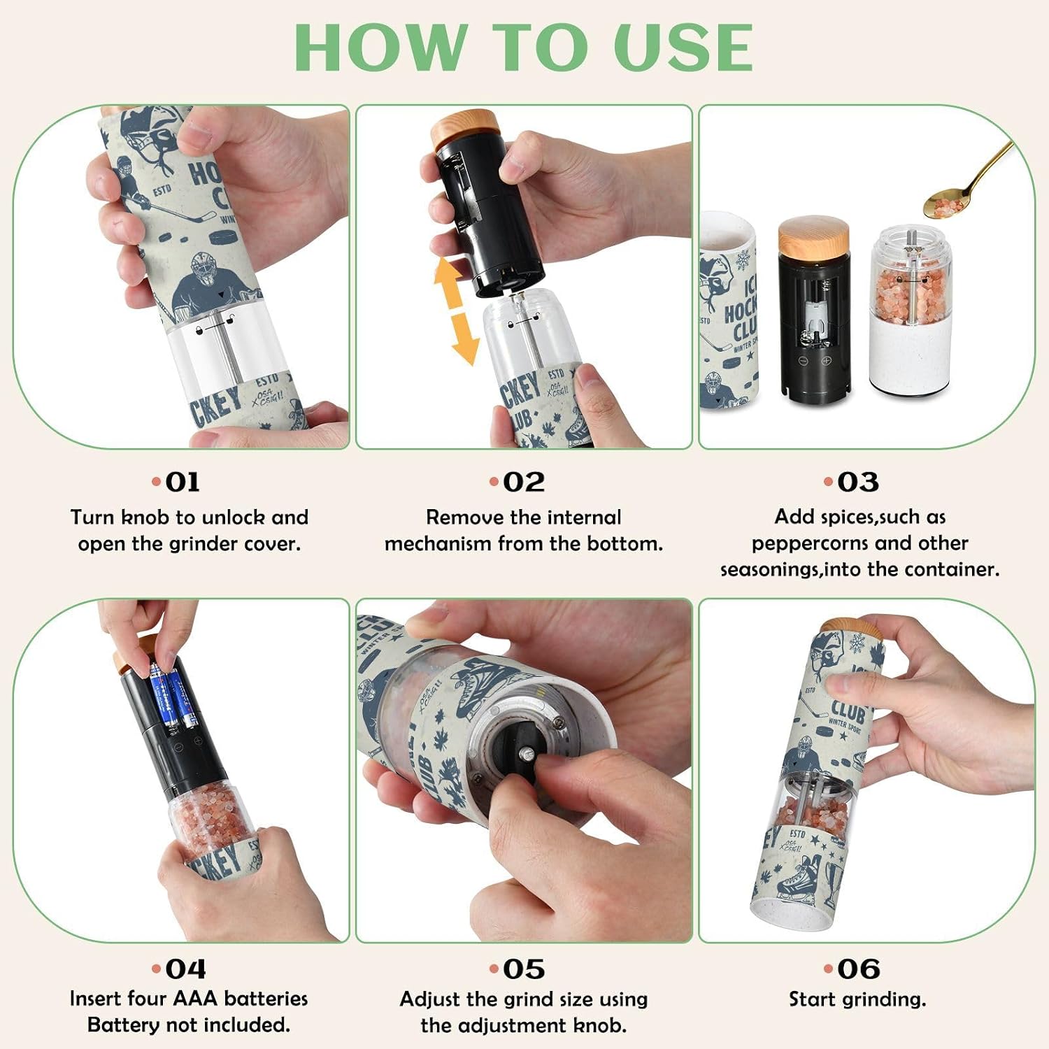 ALAZA Electric Pepper Grinder with Adjustable Coarseness, Vintage Hockey Player Battery Automatic Salt and Pepper Mill with Led, One-Handed Operation Spice Grinder for Kitchen, Camping & BBQ