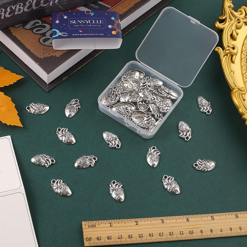 SUNNYCLUE 1 Box 50Pcs Gothic Heart Charms Bulk Silver Hearts Charms Tibetan Style Alloy Pendants Metal 3D Anatomical Organ Halloween Charm for jewellery Making Charms DIY Necklace Earrings Women Adult - Image 3