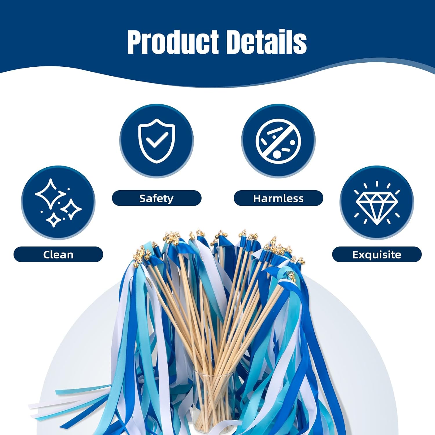 50PCS Ribbon Wedding Send Off Silk Ribbon Fairy Wands with Gold Bells for Wedding Send Off, Party, Holiday, Activities Celebrate Ribbon Stick(Blue)