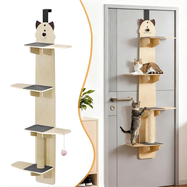 Estante para gatos para colgar en la puerta, árbol vertical para gatos de 4 niveles sobre la puerta