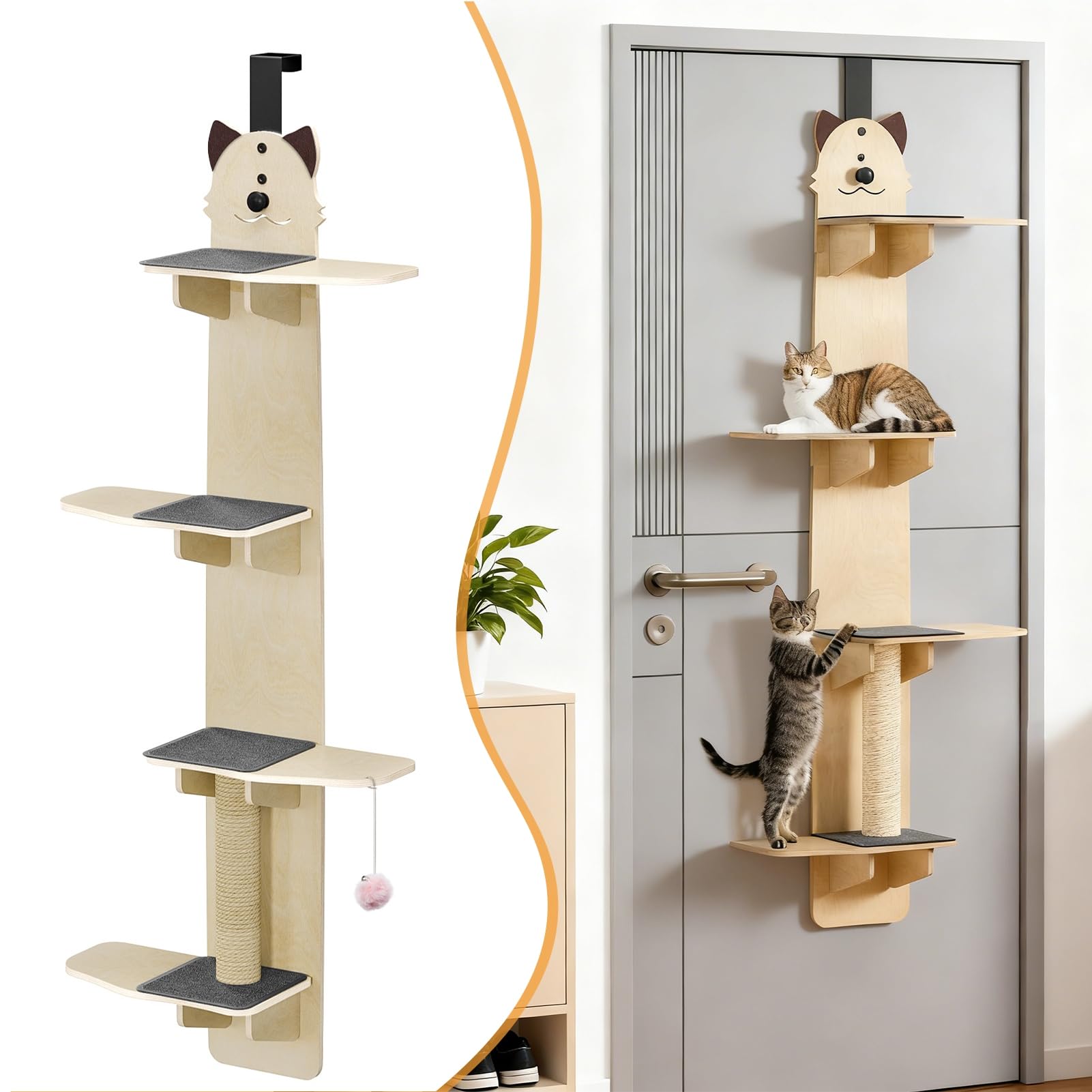 Door Hanging Cat Shelf, 4-Tiers Vertical Cat Tree Over The Door, Over Door Cats Climber with Kitten Scratching Post, Pads, Tease Ball,Doors Cats Ladder for Indoor Kittens Jumping 170cm