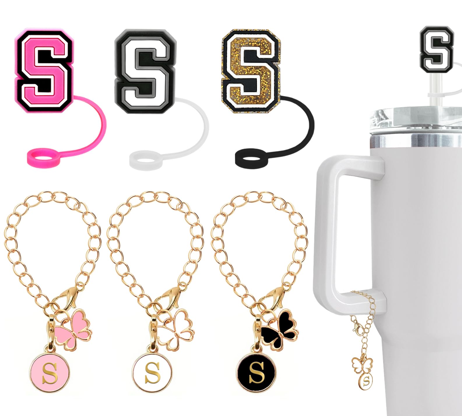 （3 +3) Nuozme Straw Cover Compatible with Stanley Tumbler Cup 3PCS Letter Straw Caps Toppers with 3 Initial Butterfly Charms Name ID For Stanley 30&40