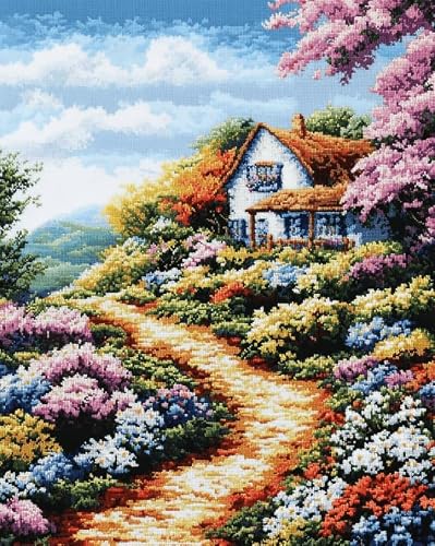 AxiangziK Cross Stitch Kits for Adults 16x20in,Flower Cottage on the Mountain DIY Art Embroidery Kits for Beginners Gift Home Decor preprinted 11CT