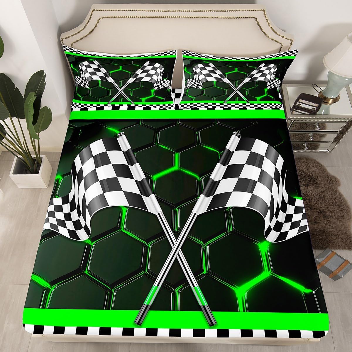Erosebridal Racing Flag Fitted Sheet Queen Size,Boys Race Car Bed for Kids Teens,Green Glowing Neon Lights Honeycomb Bed Sheets,Black and White 3D Flag Grid Checkered Sheets Decor