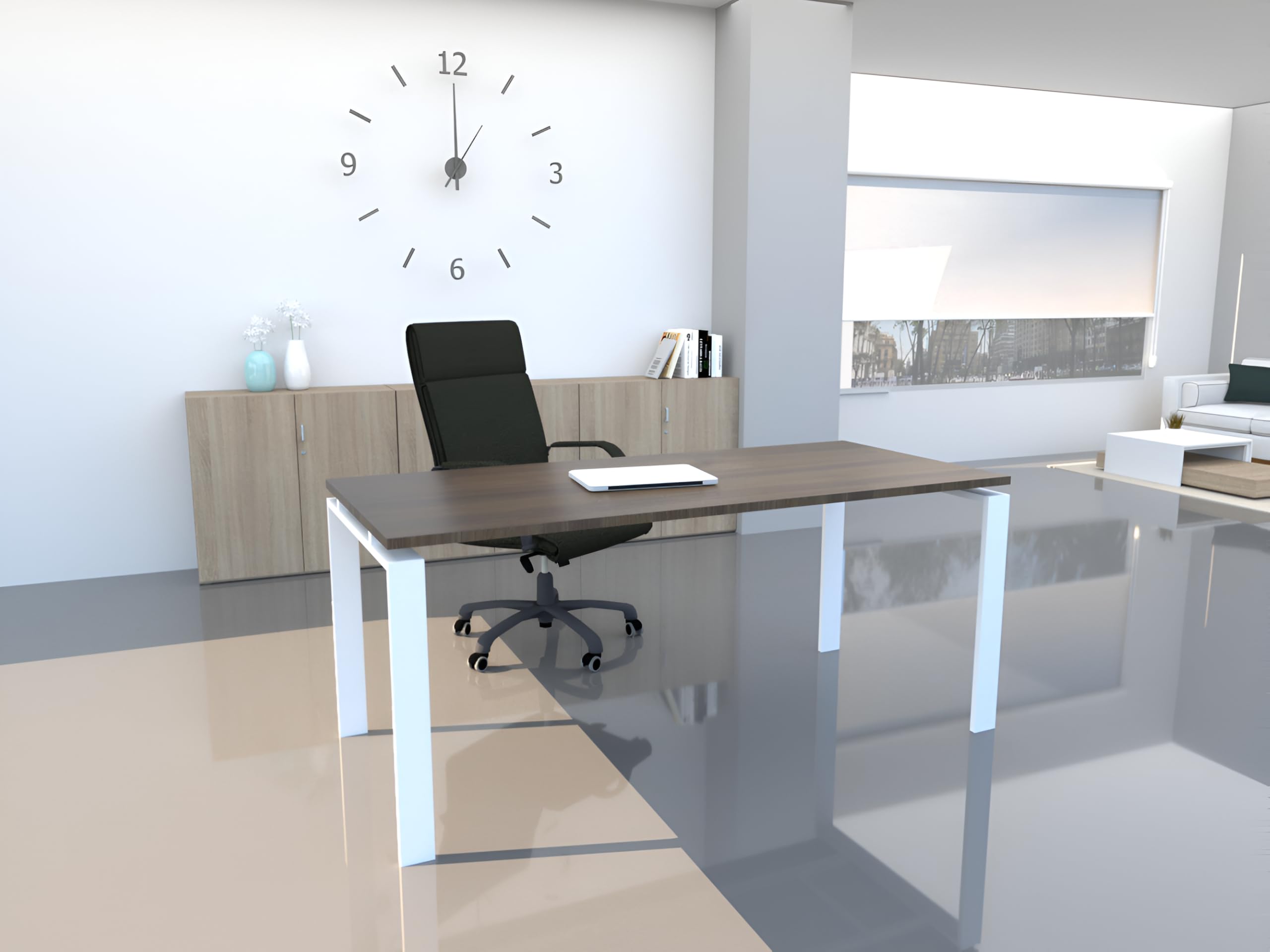 Mesa de Oficina para teletrabajo, despachos, Sala de Estudios y Ordenadores. con Gran amplitud para Dar mas Comodidad Estructura Marco Abierto Blanco. (140X60, Nogal)