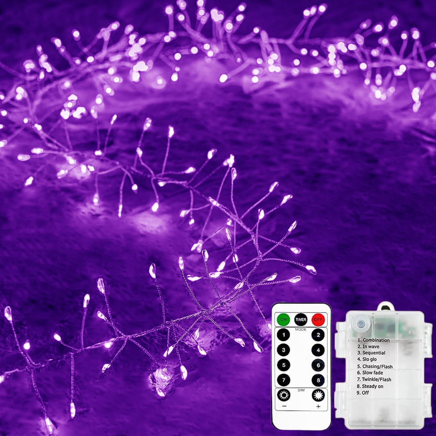 Firecrackers String Lights with Remote,KINGCO 1.5M 50LED Silver Wire Cluster Fairy Decorative Lights Battery Operated with Timer for Outdoor Indoor Bedroom Party Wedding Christmas Party (Purple)