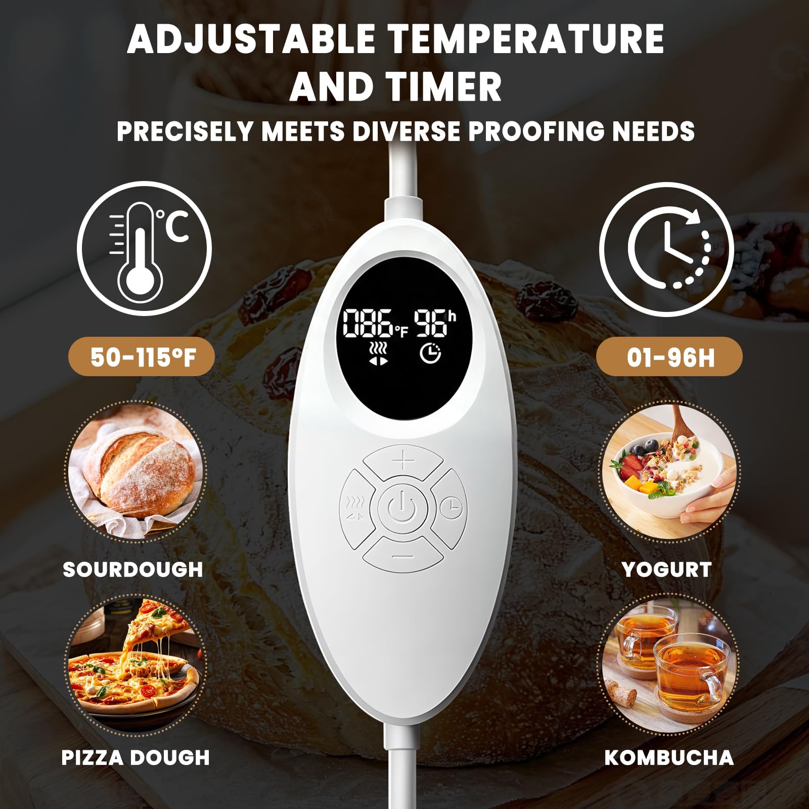 Boîte à pain pliable avec contrôle de la température de 50 à 115 ℉ et minuterie de 96 h | Grande boîte à pâte avec support en métal, cave à humidité, boîte à épreuve, pour levain, pain, pizza, kombucha, yaourt