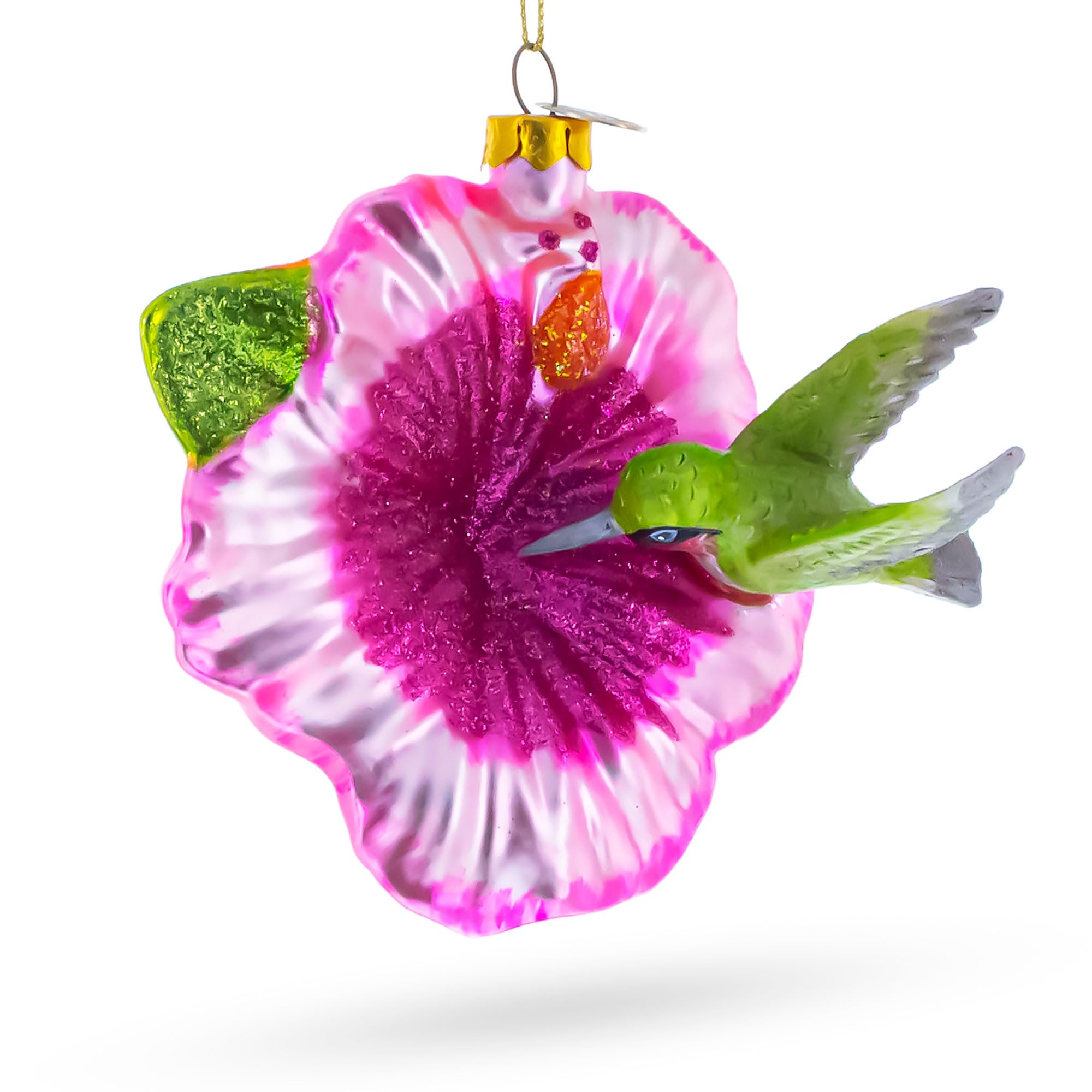 Colibri et fleur tropicale en verre soufflé pour décoration de Noël haut de gamme