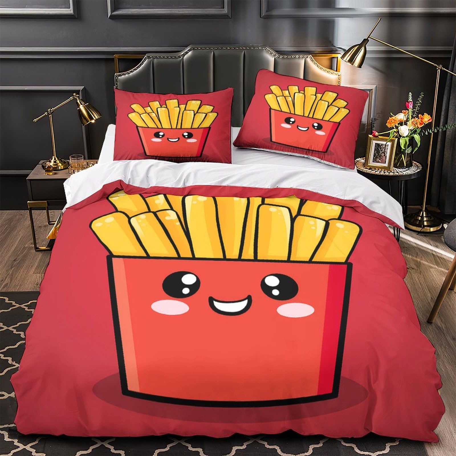 Housse de couette frites kawaii hypoallergénique 135x200 anti-acarien fermeture éclair