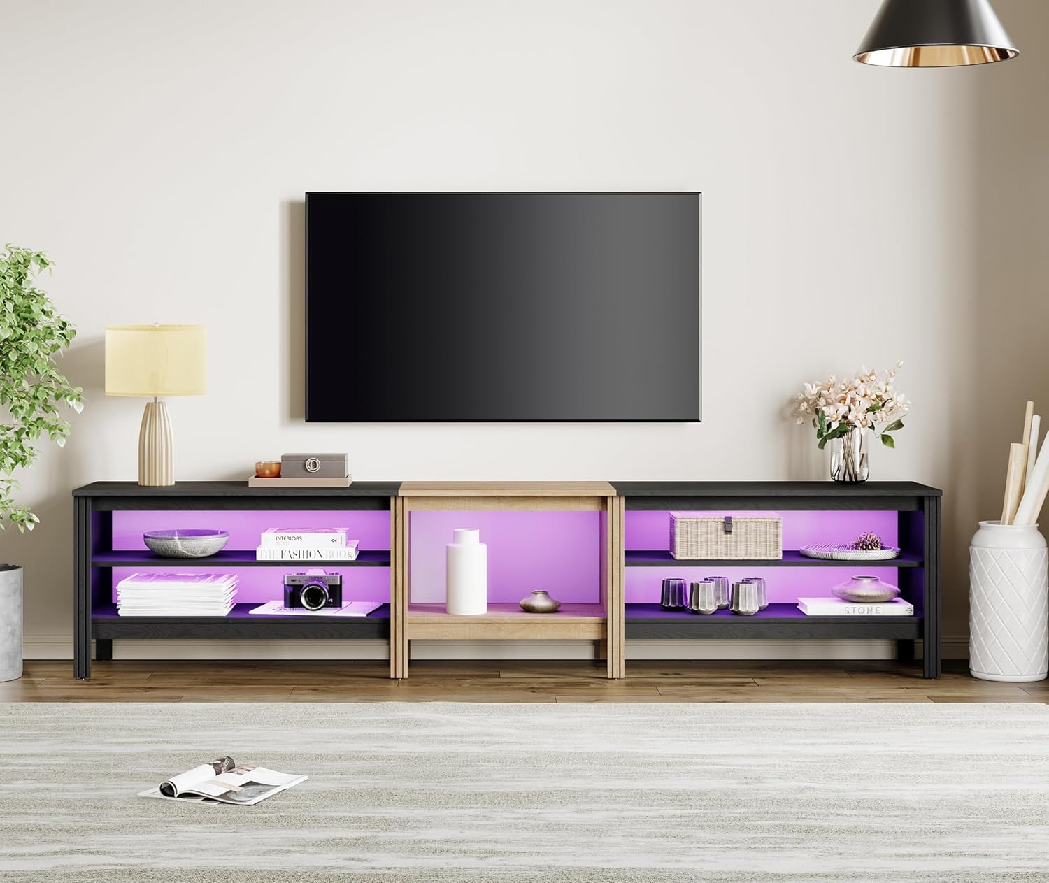 WAMPAT LED TV Stand for TVs up to 85 Inch, 16 Changable LED Entertainment Center for 80 90 100 inch TV Console Table with 5 Cubby Storage for Living Room Bedroom,Black&Oak