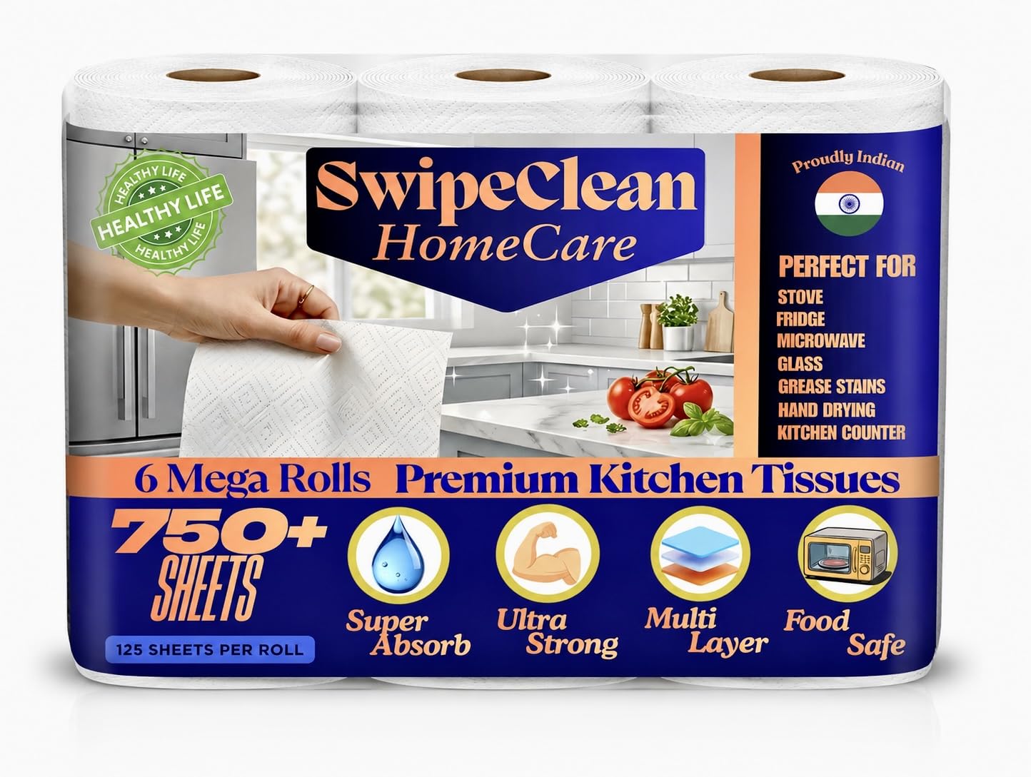 SwipeClean HomeCare Kitchen Tissue Roll 6 Mega Rolls 750 Sheets | 2 Ply Multi-Layer, Wet & Dry Strength, 125 Sheets per Roll, Food Safe, 21.5 x 26.5 cm Sheet-image-23