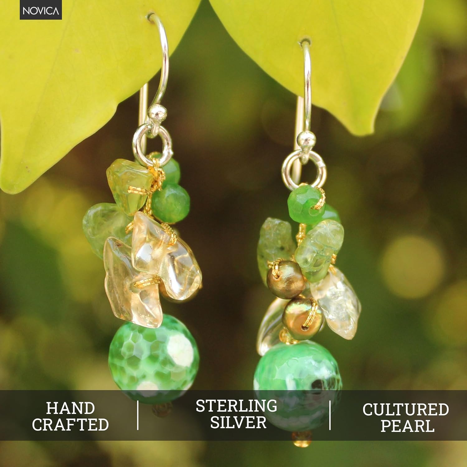 NOVICA Artisan Handcrafted Pearl Peridot Cluster Earrings Thai Dangle Sterling Silver Citrine Quartz Multigem Green Multicolor White Yellow Beaded Thailand Cypress Birthstone [1.8 in L x 0.5 in W] '
