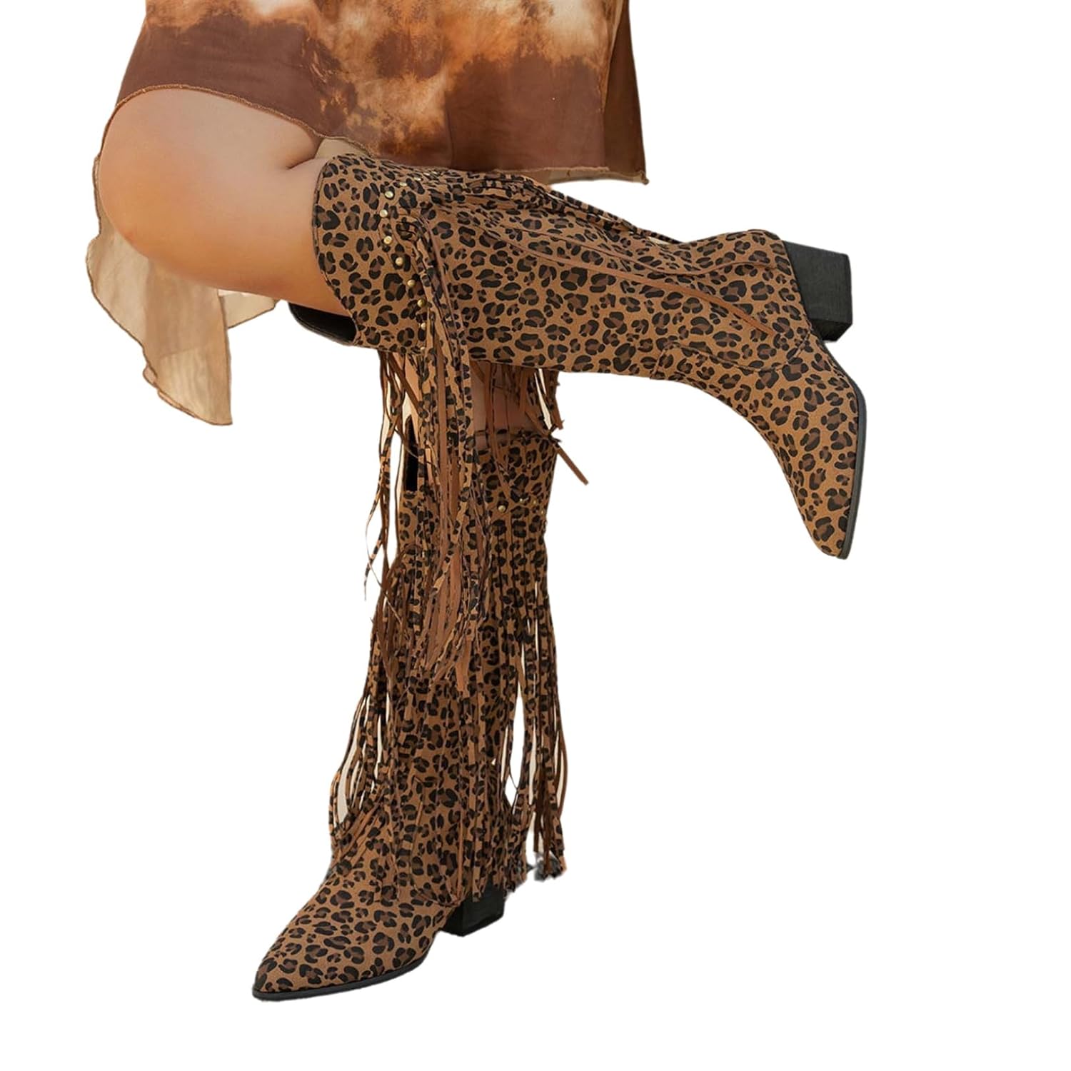 renvena Pointed Toe Cowboy Boots for Women Fringe Western Knee High Cowgirl Boots Chunky Heels