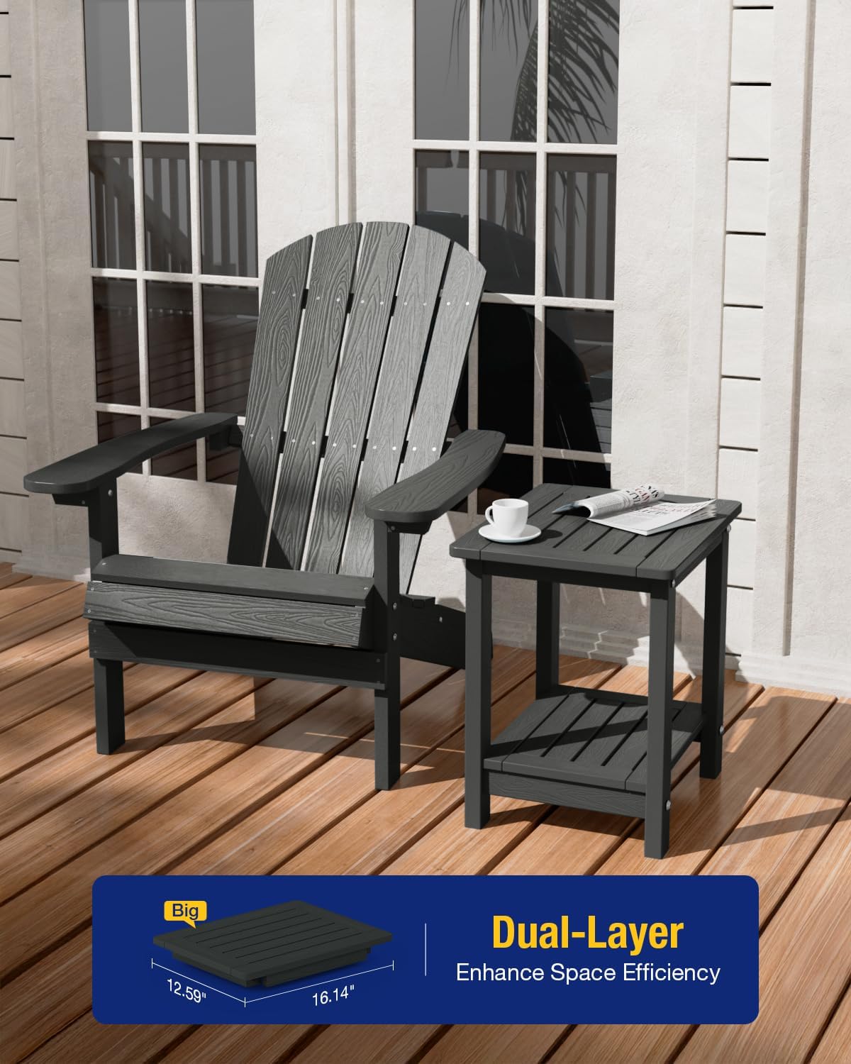 YEFU Outdoor Side Table for Patio: 16" HIPS Weather - Resistant Adirondack Tables Set of 2 - Small Square End Table for Backyard Living Room Bedroom - Indoor Outdoor Double Layer Table Dark Grey