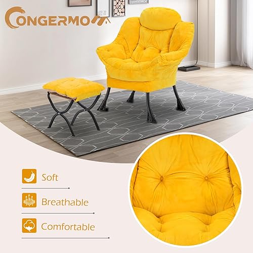 Miniatura 4 de Silla perezosa con otomana plegable, sofá de ocio, sillón de tela suave con reposabrazos y bolsillos laterales, silla de lectura con reposapiés para