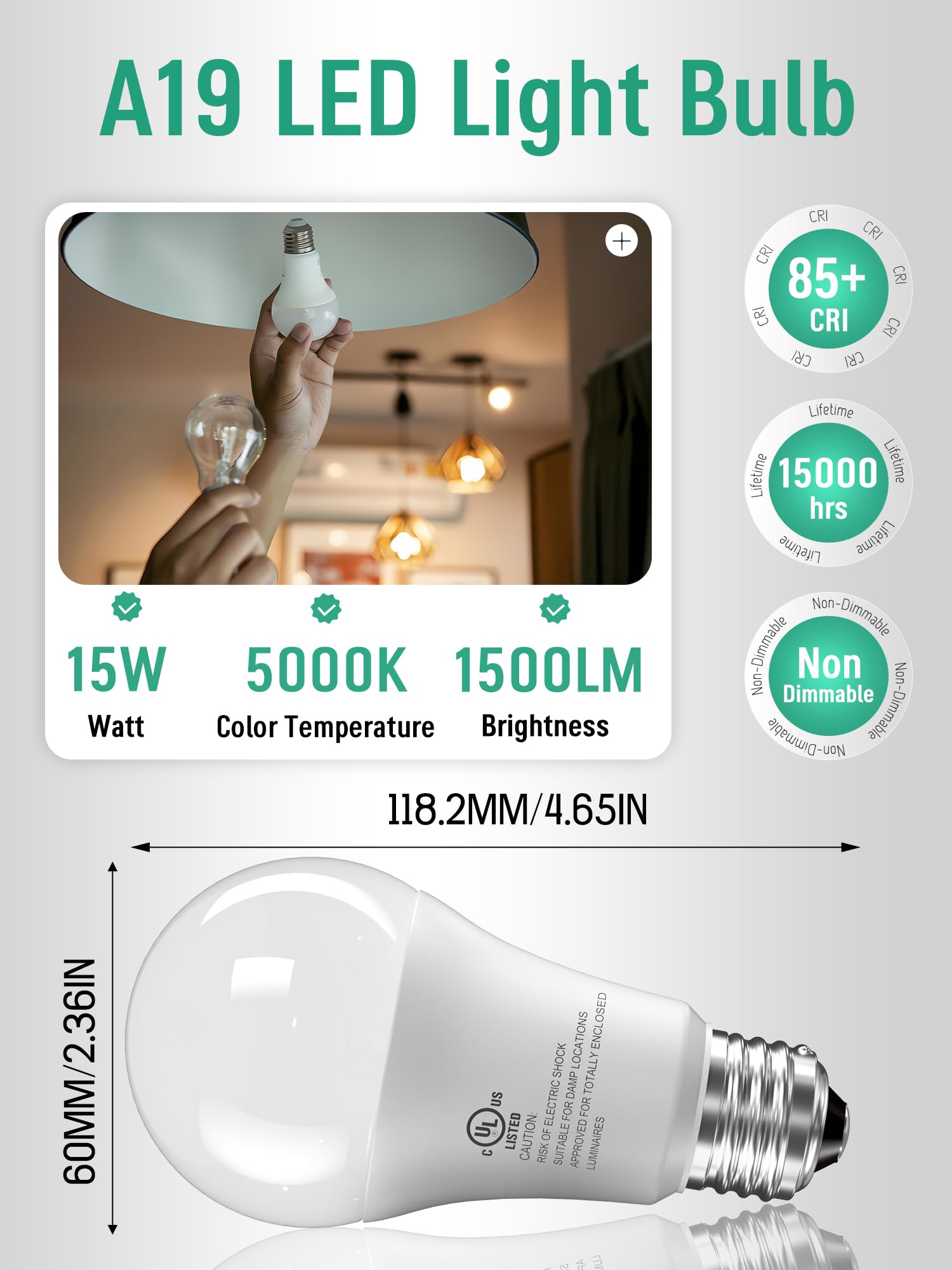 12 Pack LED Light Bulbs 100 Watt Equivalent A19 15W 5000K Daylight Super Bright White Light 1500 Lumens — view 2