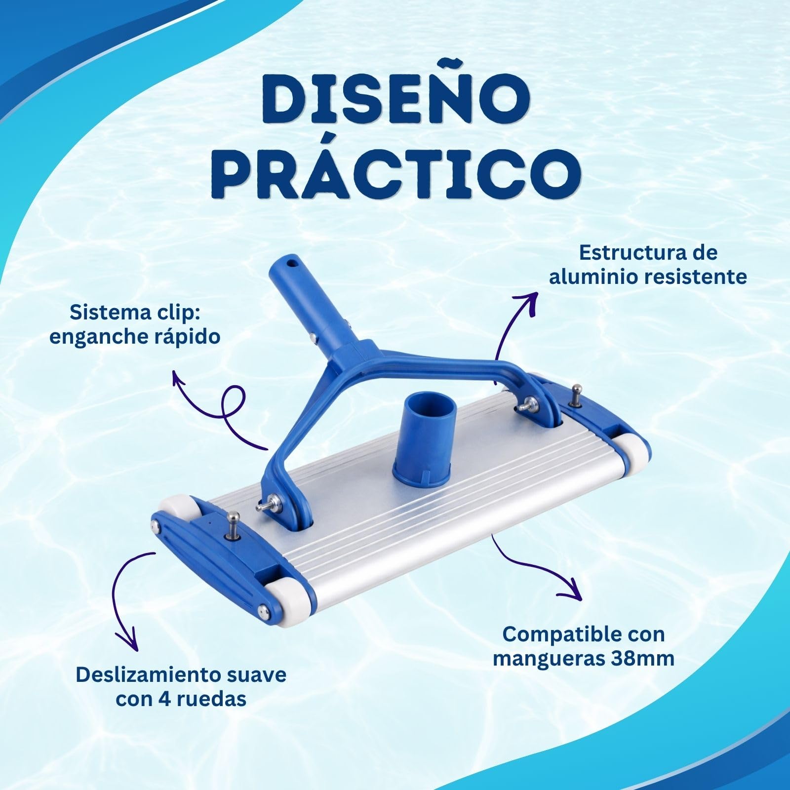 ONEPOOL Limpiafondos Piscina de Aluminio 45 cm | 4 Ruedas | Fijación Clip | Aspirador Manual para Piscinas | Cabezal Limpiafondos Compatible con Pértiga Universal y Conexión Skimmer