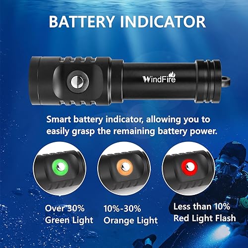 Miniatura 3 de WINDFIRE Luz de buceo súper brillante de 5000 lúmenes, linterna de buceo subacuática con indicador de potencia, IPX8 impermeable, linterna de buceo