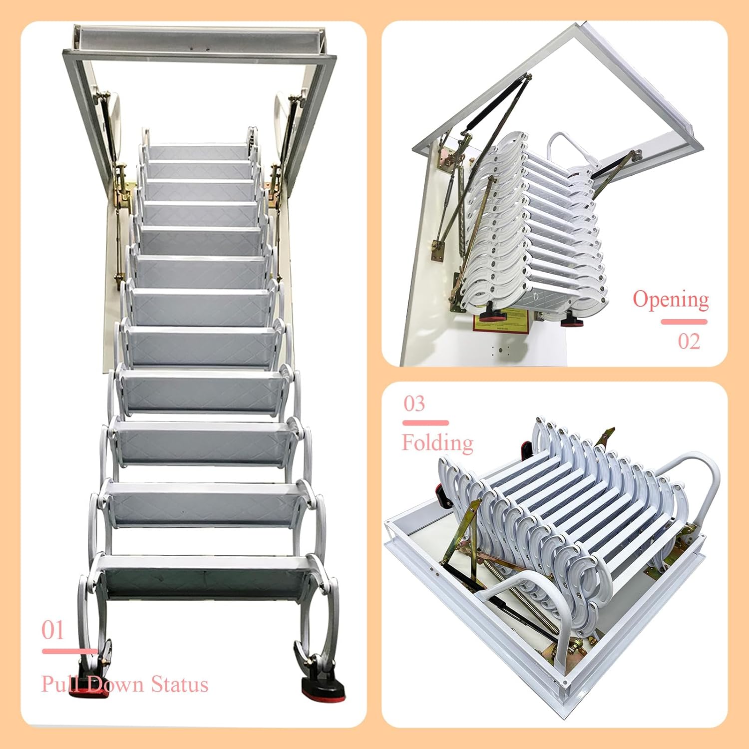 12 Steps Attic Ladder Pull Down System, Carbon Steel Attic Ceiling Folding Ladder Stairs, 9.84ft Height, 660 lbs Load, Opening Size 31.5'' x 35.43'', White S-Bend Structure