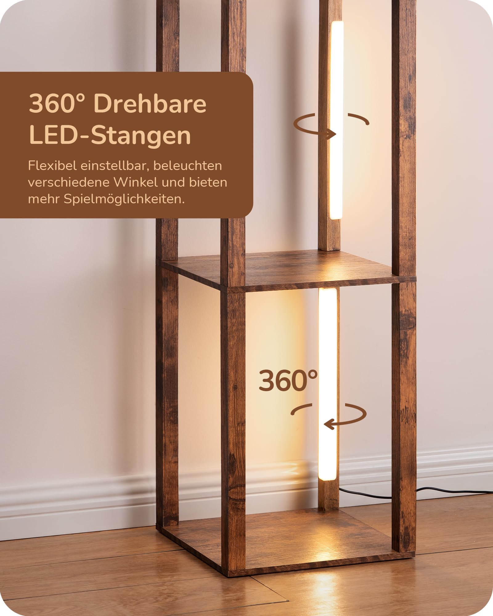 EDISHINE Stehlampe mit Regal Dimmbar, 3 Farbtemperaturen, 20W 1530 Lumen 163 cm Eckregal mit 360° drehbare LED-Leuchten und Fußschalter, Moderne Innenbeleuchtung mit 4 Ablagen, Stehleuchte Wohnzimmer