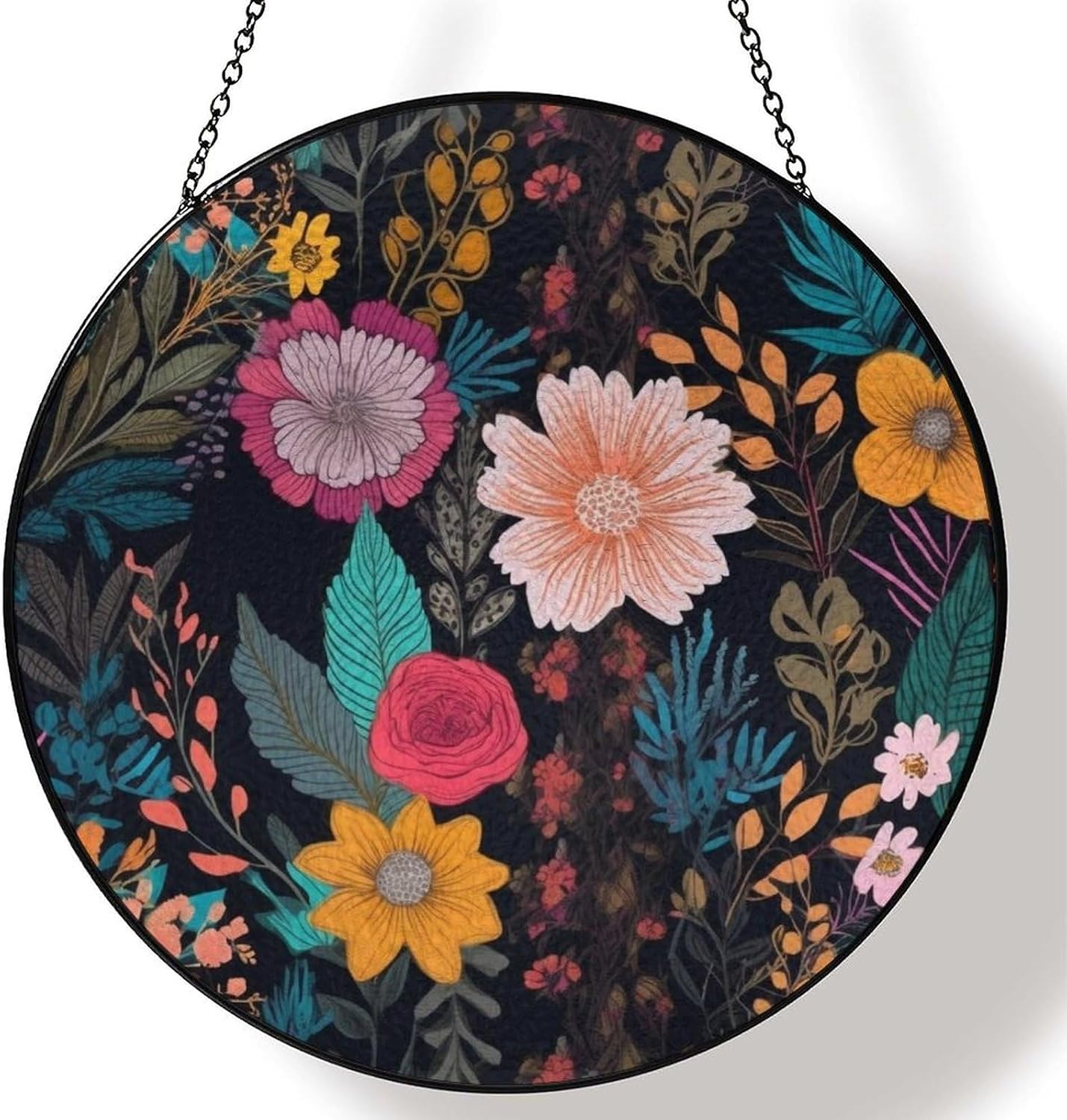 Stained Glass Window Hanging 30x30cm Window Suncatcher Glass Panel with Metal Chain Colorful Boho FloralSun Catchers Wall Art Home Decor Gift for Women Mother's Day