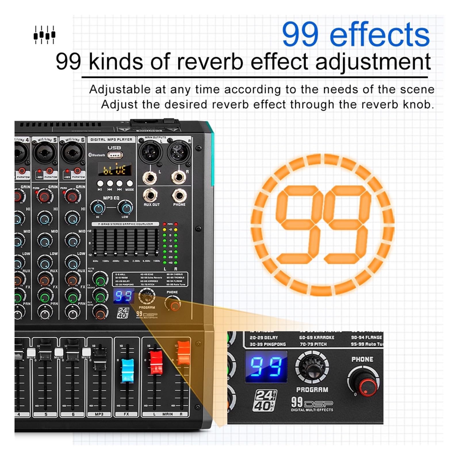 VCHICS Audiomixer, 6-Kanal-Soundmixer, Audio-Mischpult, USB, Aufnahmecomputer, 48 V Phantomspeisung, Verzörung, Repaeat 99 Effekt für Gitarren, Bässe und Keyboards