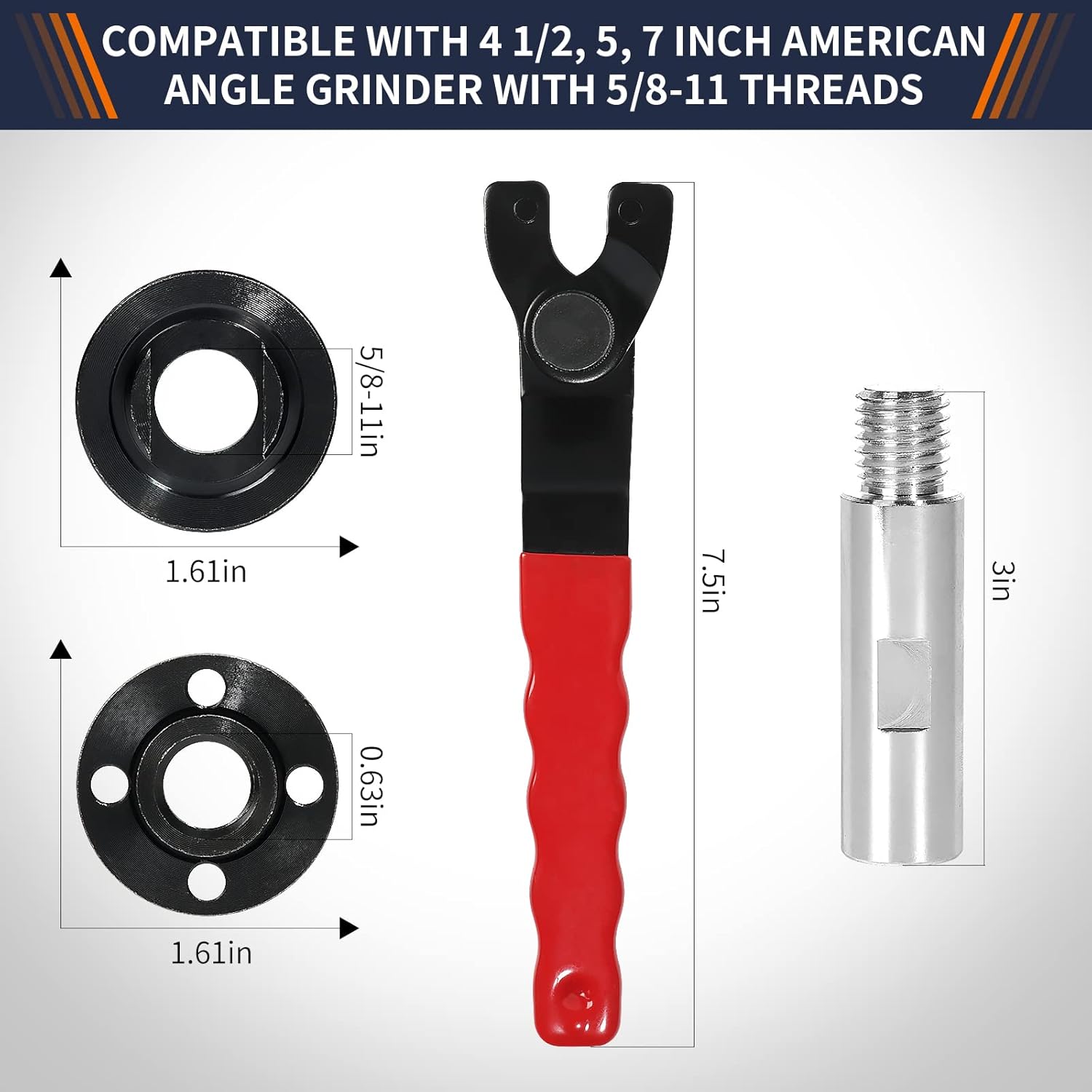 Pomsare Angle Grinder Wrench, Locknut Grinder Spanner Wrench Flange Nut and Extension Shaft, 8PCS Attachments Kit for 5/8-11 Grinder Power Tools Parts