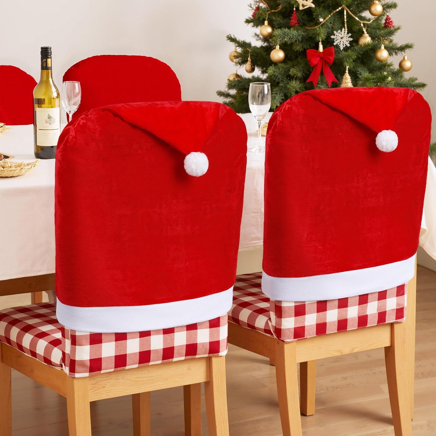 Christmas Chair Covers Set of 4, Santa Claus Hat Slipcover Chair Back Covers for Christmas Kitchen Decorations Indoor Xmas Holiday Festival Party Dining Room Bar Counter Table Decor Red White