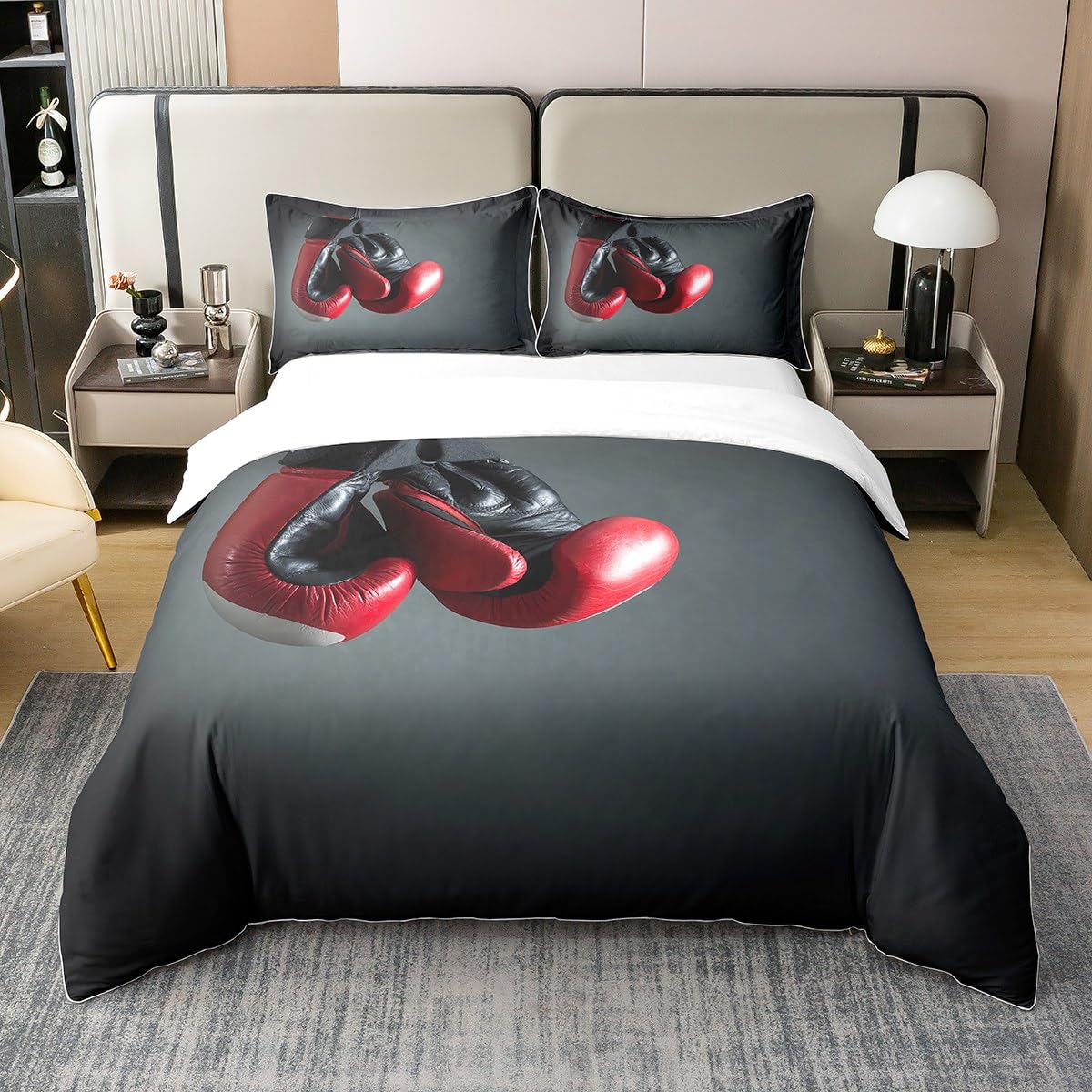 Homewish Natural Cotton Boxing Duvet Cover,Sports Theme Bedding Set for Boys Men,Red Boxing Gloves Pattern Comforter Cover Single,Pugilism Games Bed Sets with 1 Pillowcase Breathable