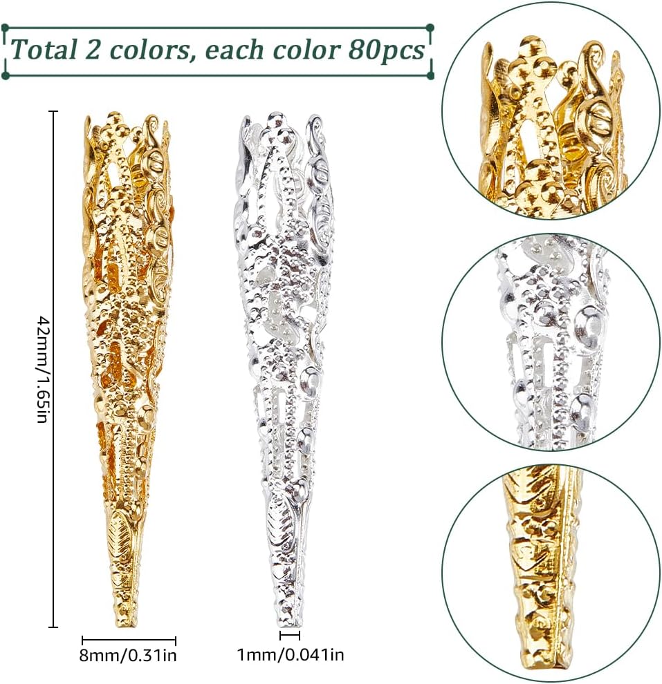 SUNNYCLUE 160Pcs Bead End Caps Cone Beads Cones Bulk Metal Iron Golden Silver Tibetan Long Filigree Hollow Flower Bead Caps Spacers for Jewelry Making Earring Necklaces Tassel DIY Crafts Accessories