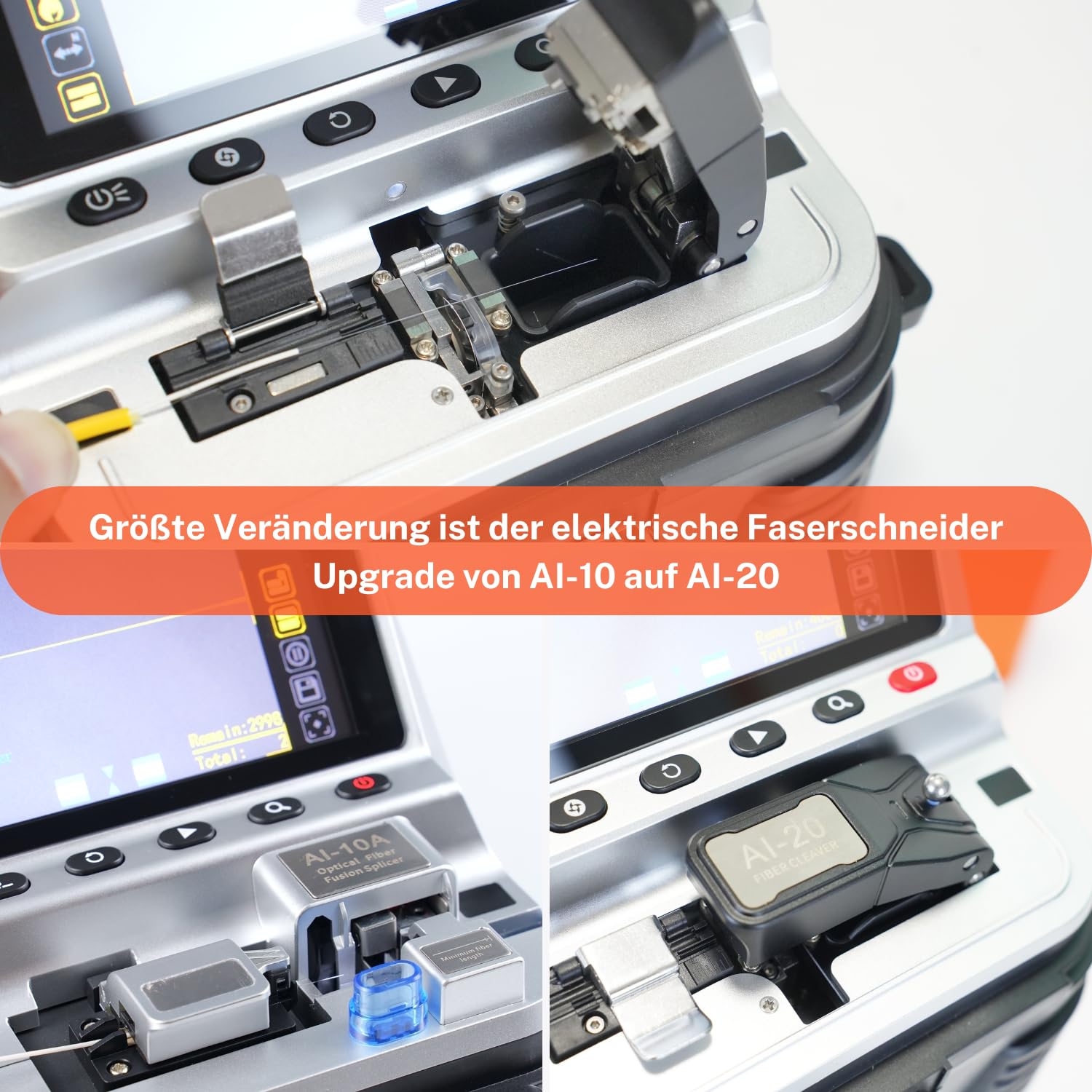 AI-20 Fusion Splicer Glasfaser Spleißgerät mit neu entwickeltem elektrischem Faserschneider, LWL Spleißgerät Kit AI-20 Upgrade von AI-10A mit 6s Spleißen 15s Aufheizen OPM VFL 7800mAh Akku