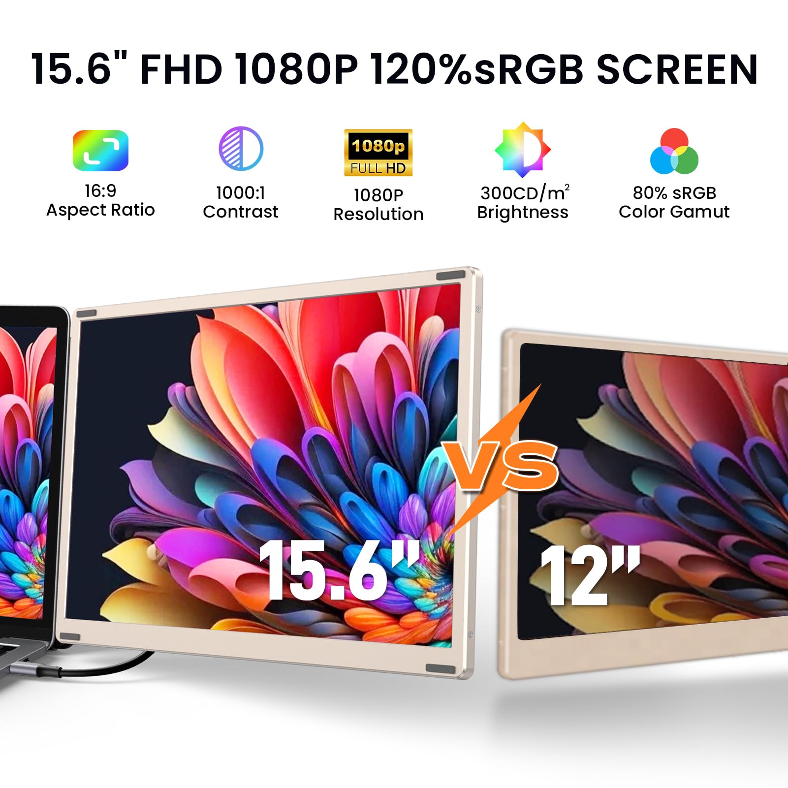 Extensión de pantalla de ordenador portátil, 15,6 pulgadas, FHD 1080P, triple monitor extender | Plug & Play, giratorio 235°, desmontable, apto para portátiles de 13 a 17,3 pulgadas, compatible con Win/MacOS/Chrome/Android