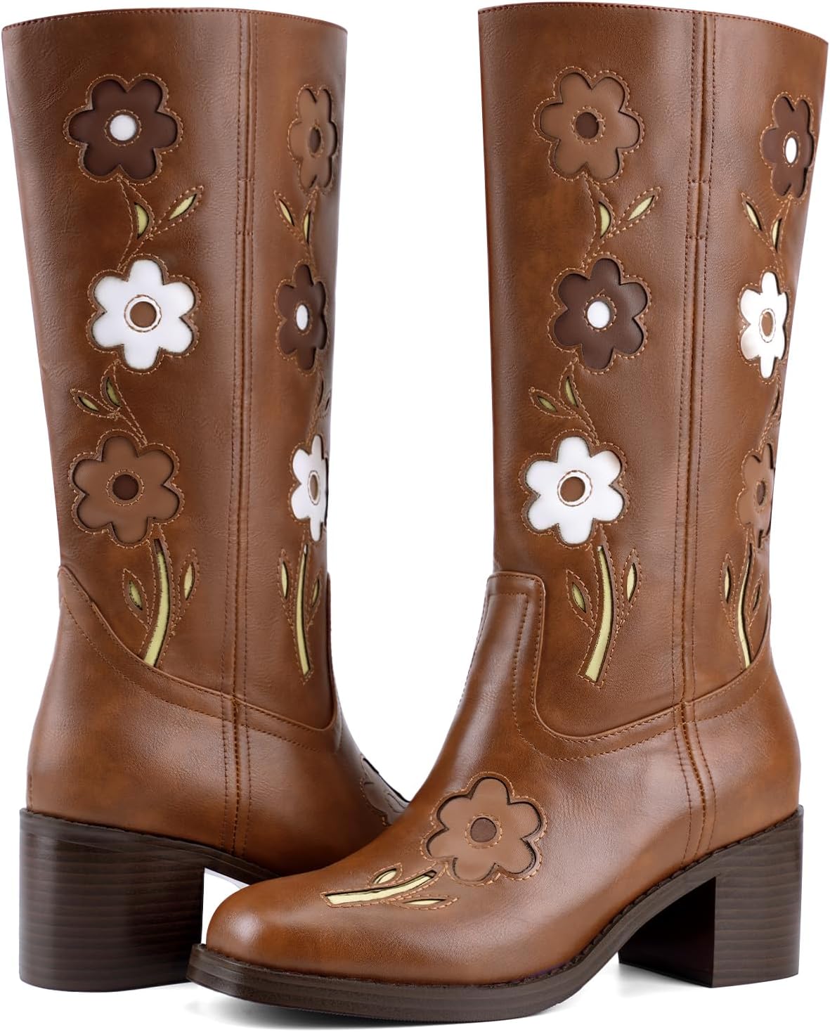 Women's Knee High Boots Square Toe Chunky Block Heel Tall Boots for Women Comfortable Casual Low Heel Trendy Stylish Flower Booties