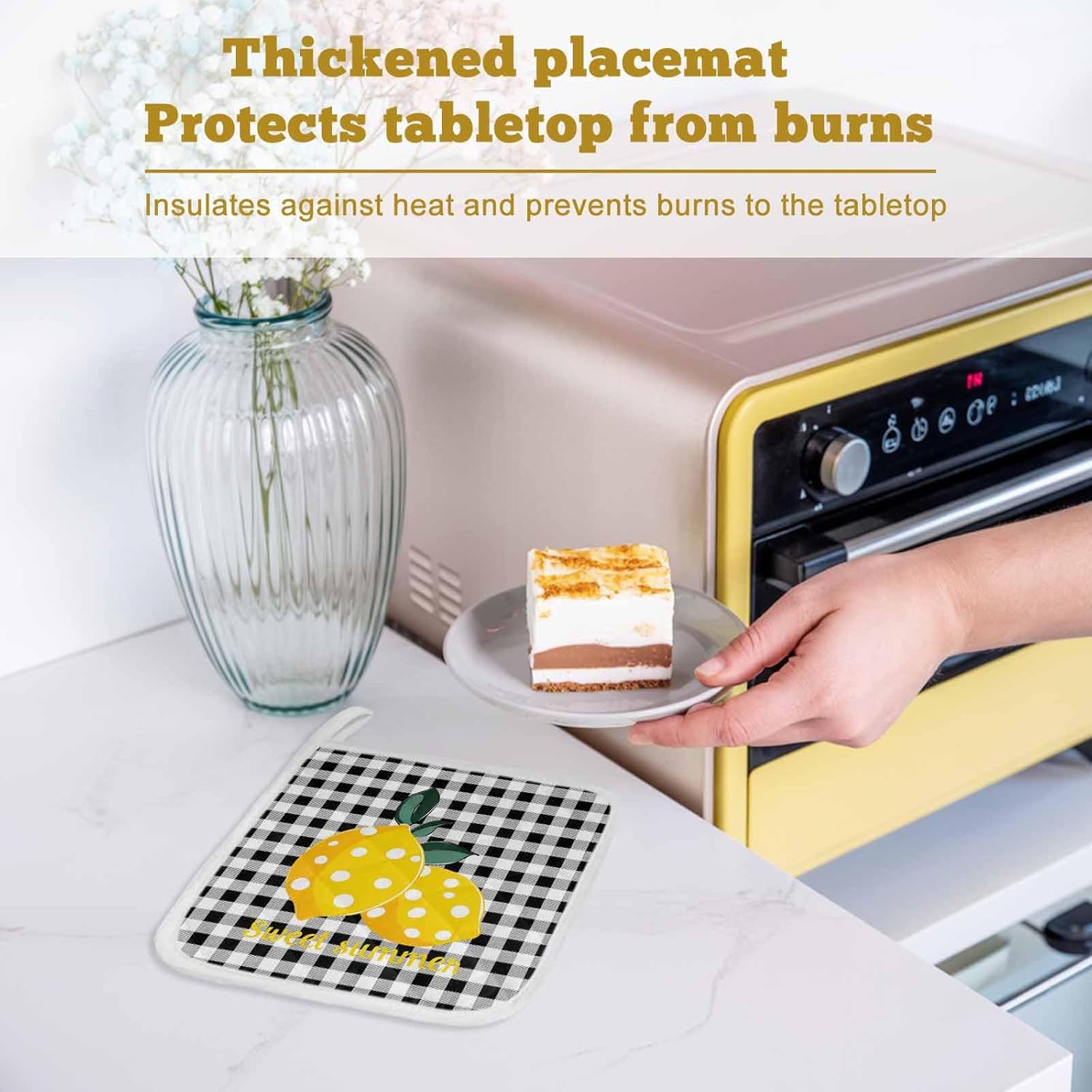 5 Pack Pot Holders for Kitchen, Yellow Lemons Hot Pads for Kitchen Countertops Oven Pot Holder Bulk, Summer Botanical Black White Plaid Farmhouse Heat Insulation Potholders with Hanging Loops