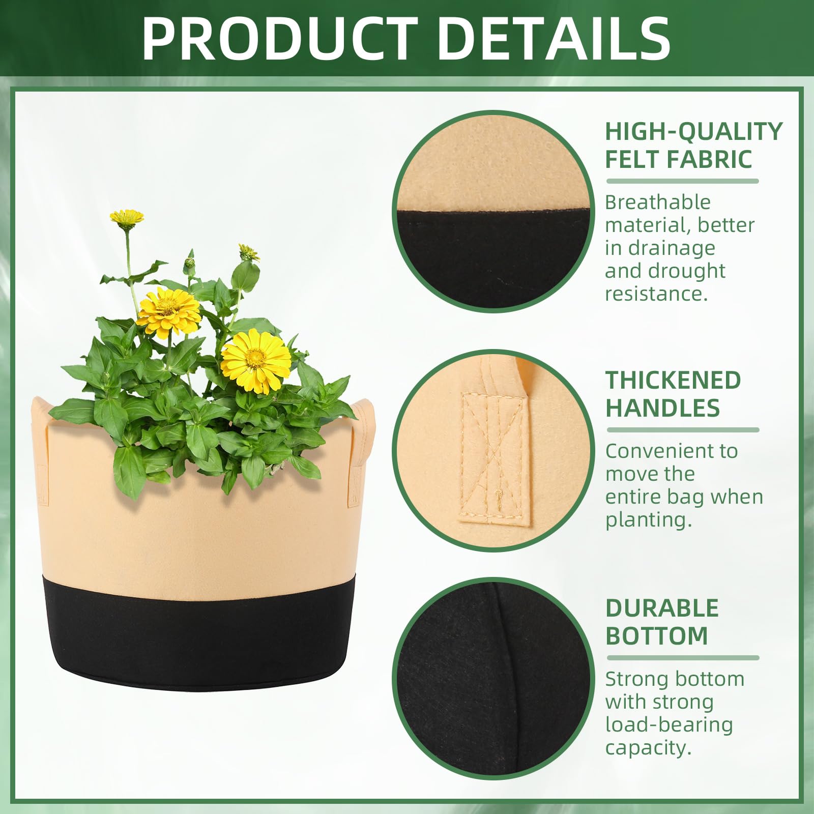 Lot de 12 sacs de plantation de 60 l avec poignées, sac de plantation coloré en feutre pour pommes de terre, tomates, légumes, fleurs, plantes, 15 gallons, 60 l