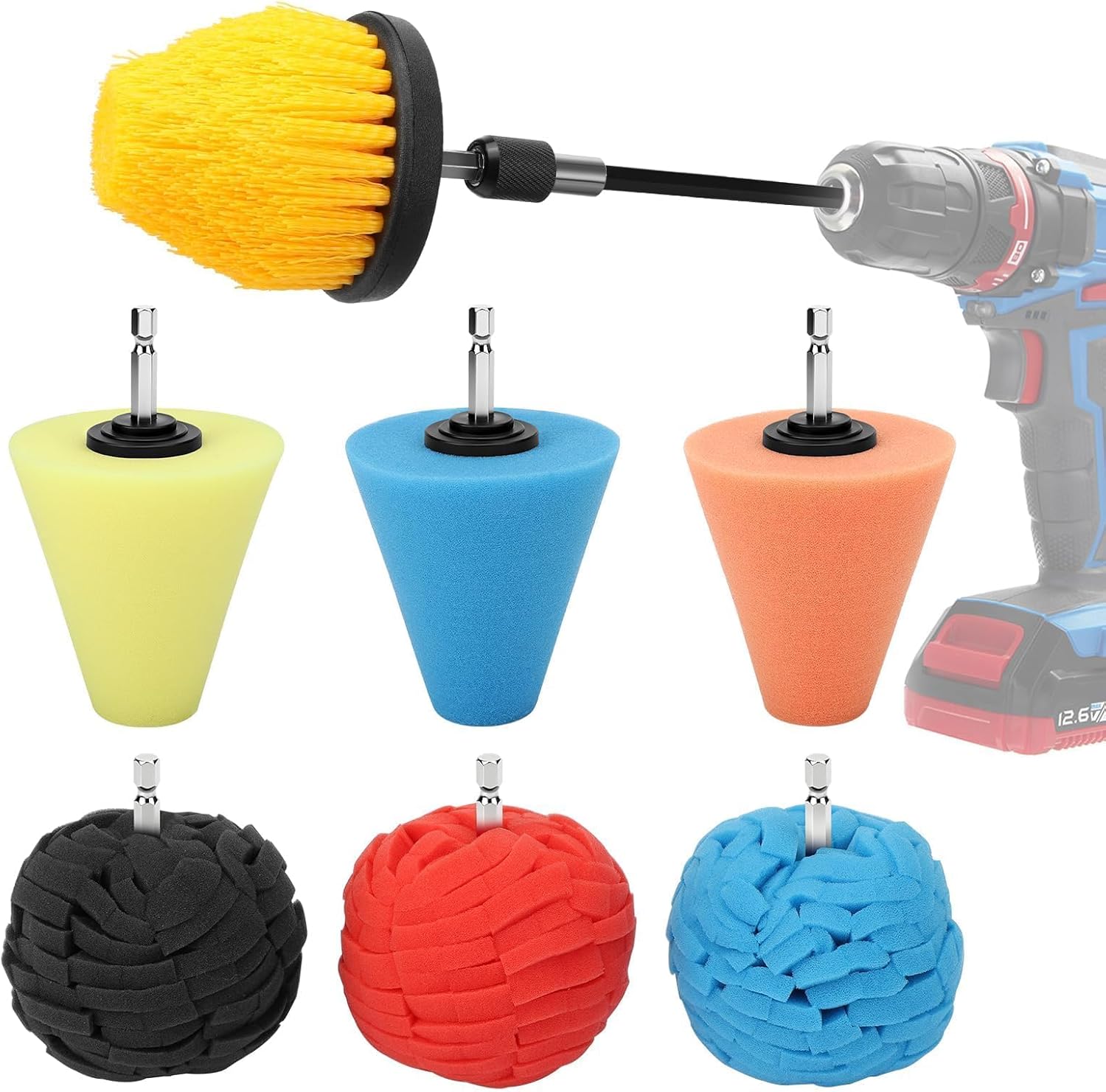 Linkstyle Drill Polishing Pads Kit: 8Pcs Foam Polishing Cone & Ball Set with Extension Holder & Brush, 1/4" Hex Drill Attachment for Car Wheel Hub Rim Metal