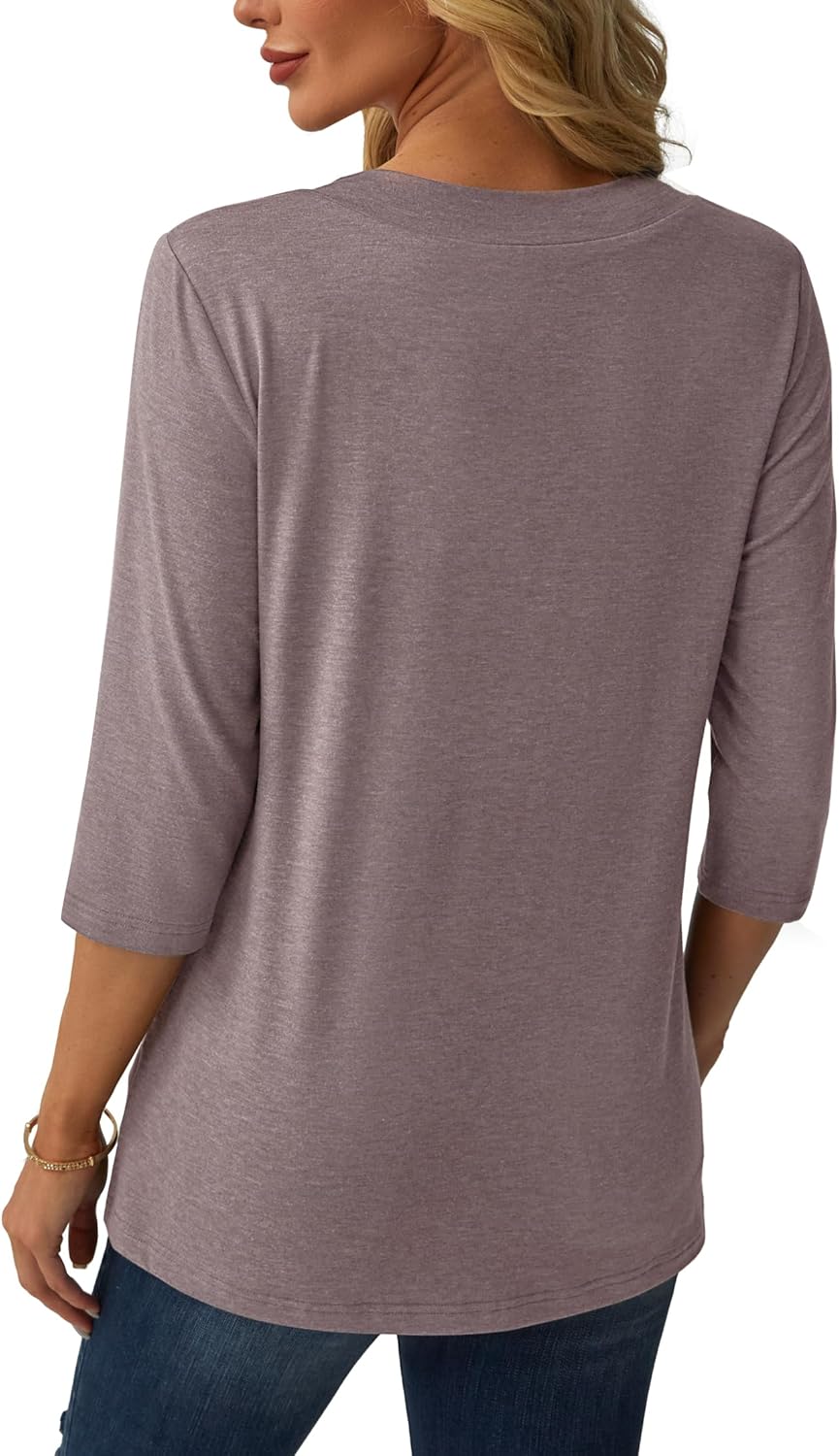 3/4 Length Sleeve Womens Tops V Neck Casual Tunic Loose Fit Basic Shirts Trendy Tops for Women 2025 Gray Purple - Image 3