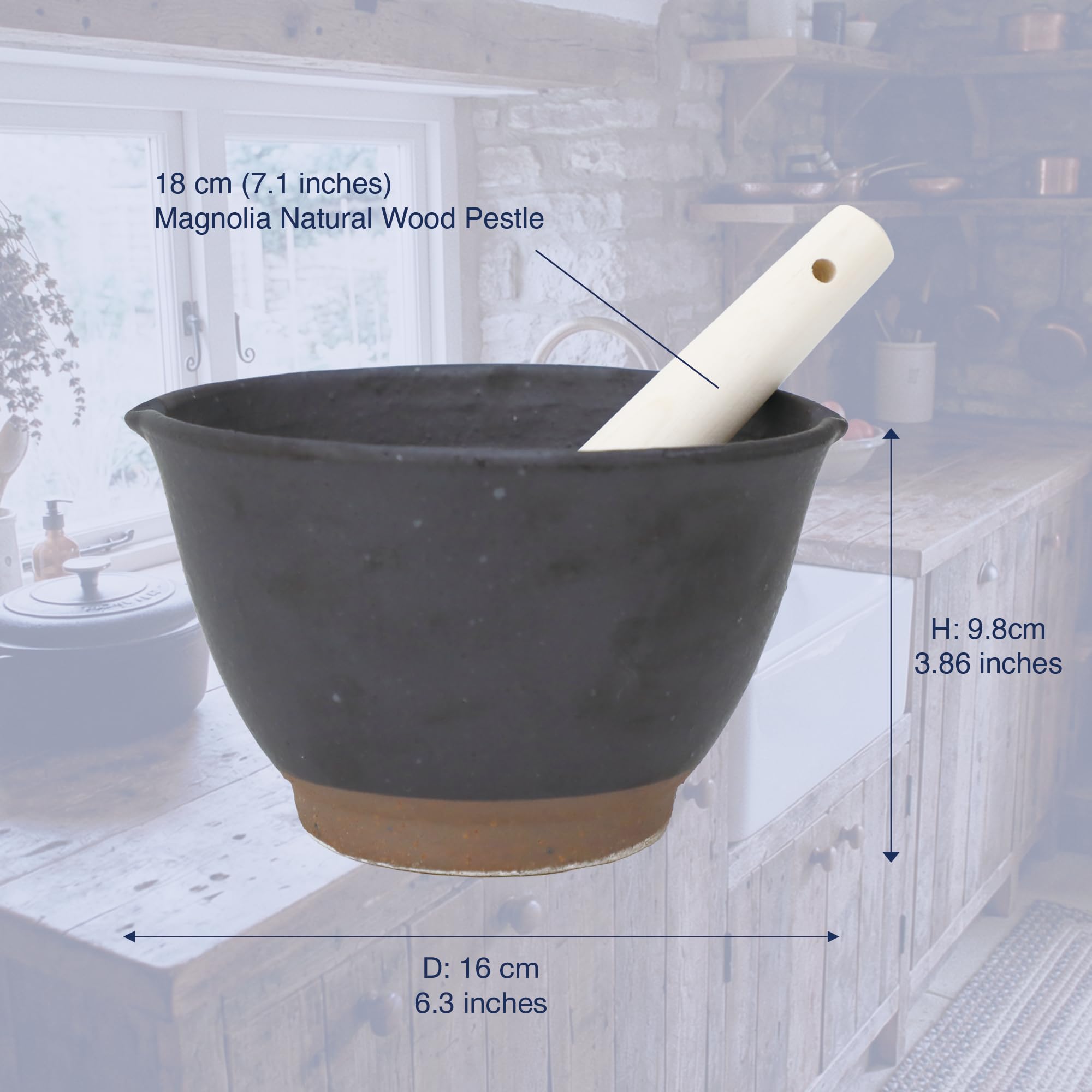 Asayu Japan Set mortaio e pestello in ceramica con pestello in legno, prodotto in Giappone, lavabile in lavastoviglie e utilizzabile nel microonde, set Suribachi e Surikogi scanalato - Set mortaio e p