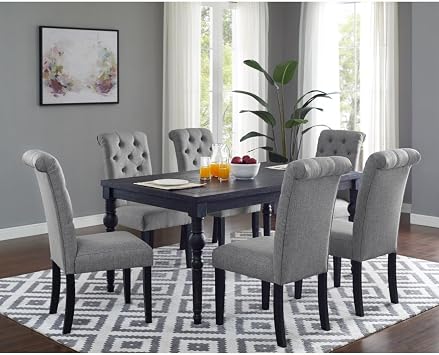 Urban Style Rectangular Rubberwood Dining Set for Dining-Room with Traditional Turned Legs, Featuring Rich Wood Grain and Button Tufted Seats 6 Gray-Chairs,Table