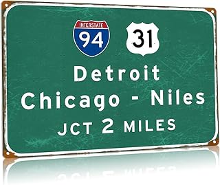 Vintage Metal Tin Signs Detroit Chicago Interstate 94 Highway Jct 2 Miles Directional Sign Airport Street Road Sign Plaque 12x18 Inches