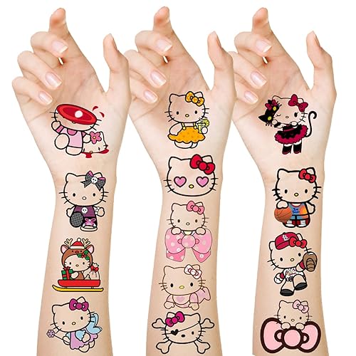 8 hojas de tatuajes temporales de cumpleaños Kawaii Kitty para niños, suministros de fiesta de cumpleaños de gatitos, calcomanías de tatuajes falsos