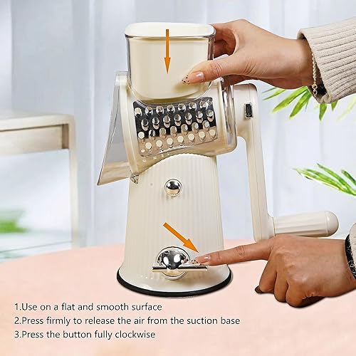 Miniatura 6 de Rallador de queso giratorio con mango rallador de queso 5 en 1, triturador de queso de manivela con base de succión fuerte, cortador de verduras de