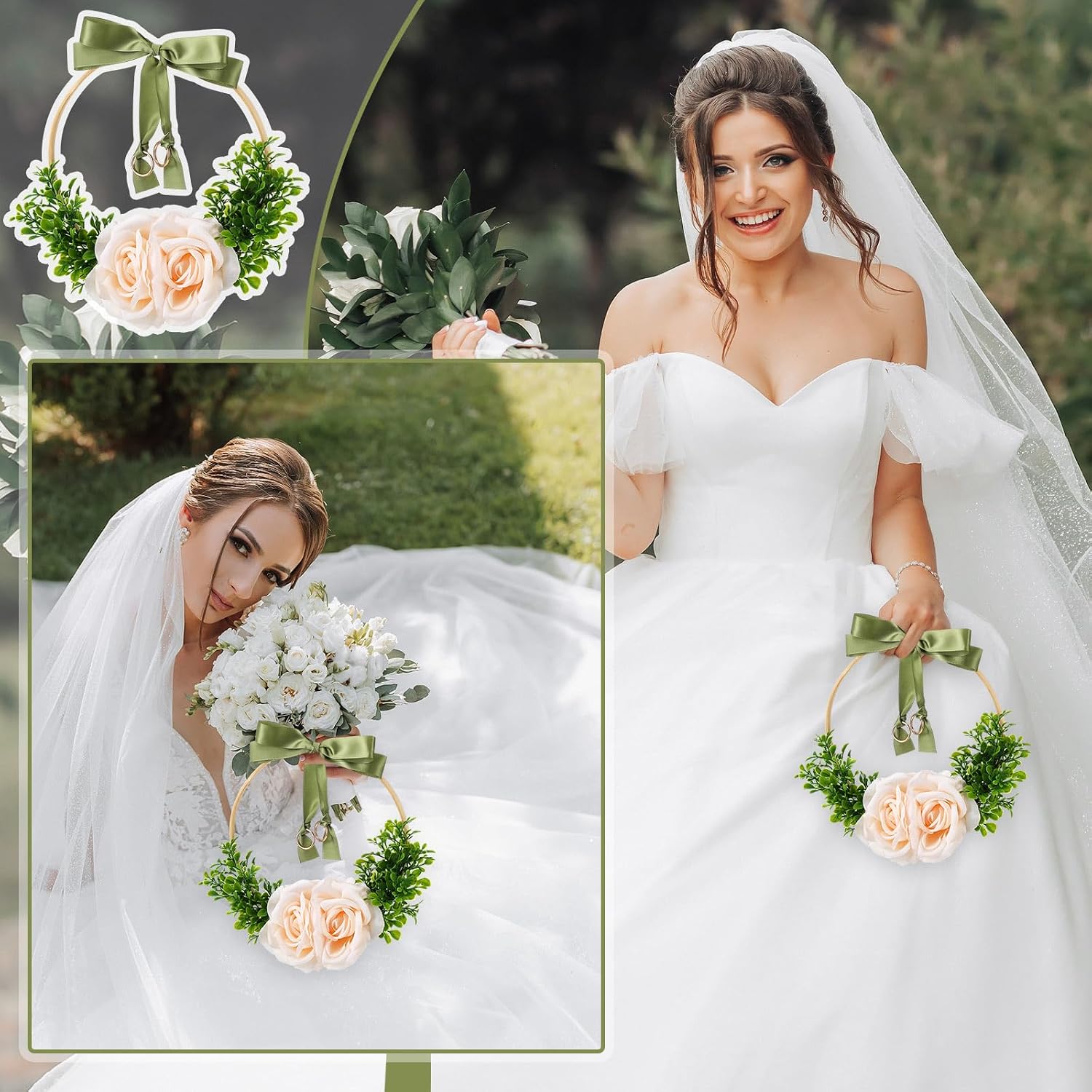 Liliaafar Floral Hoop Wedding Ring Bearer Holder - Elegant Artificial Rose, Eucalyptus & Green Ribbon Bow Decoration, Perfect Ring Pillow Alternative, No Kids Needed, Adult-Only Wedding Ceremony
