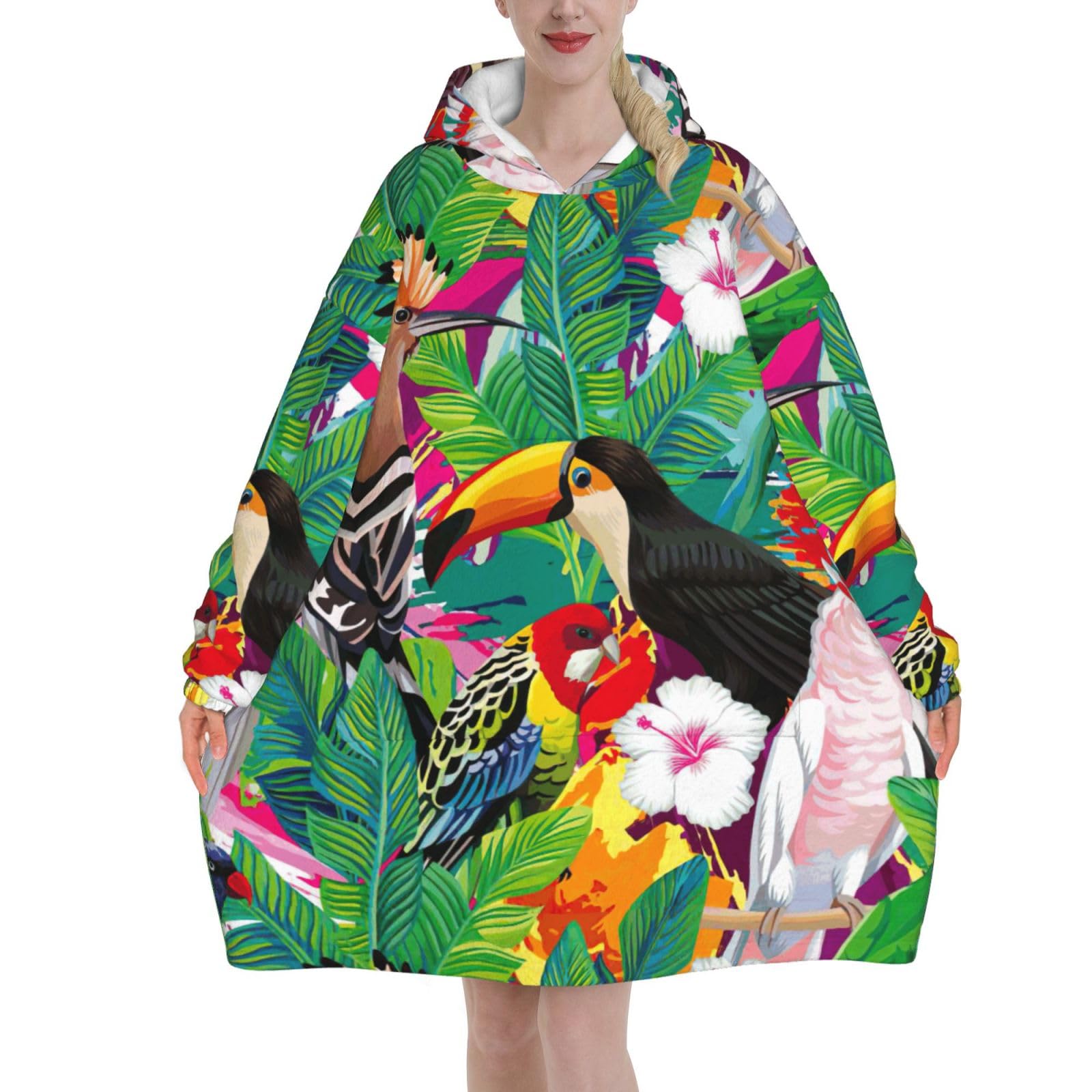 Tropical Birds And Plant Leaf Plush Adult Blanket Hoodie With Kangaroo Pocket,Soft Anti Pilling Flannel Cozy Loungewear