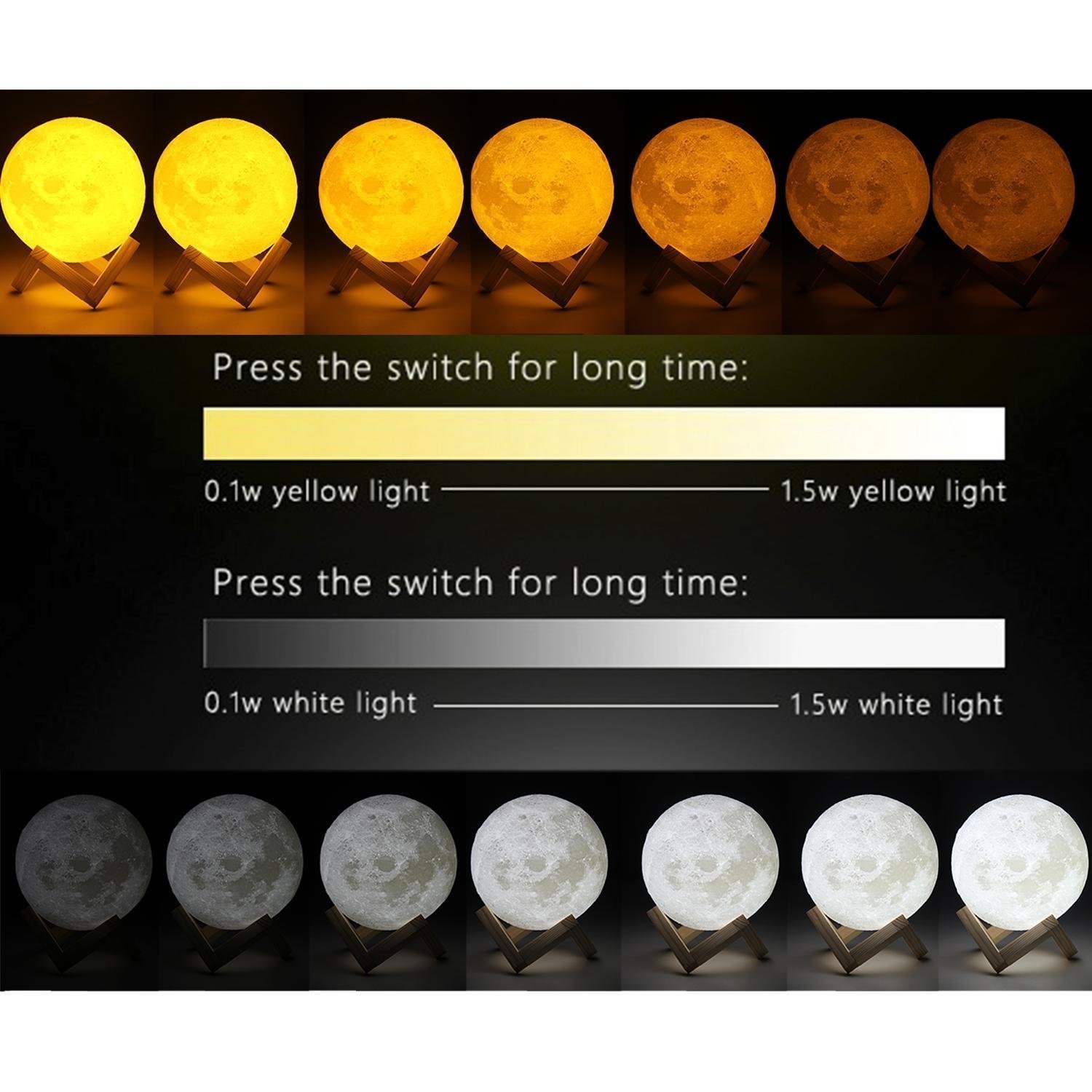 Stampa 3D Luna Lampada Notturna,KINGCOO Ricaricabile Luminosità Giallo Bianco Lampada da Tavolo Regolabile Decorazione Camera per Bambini Compleanno Regalo Natale(7.87 inch/20cm)