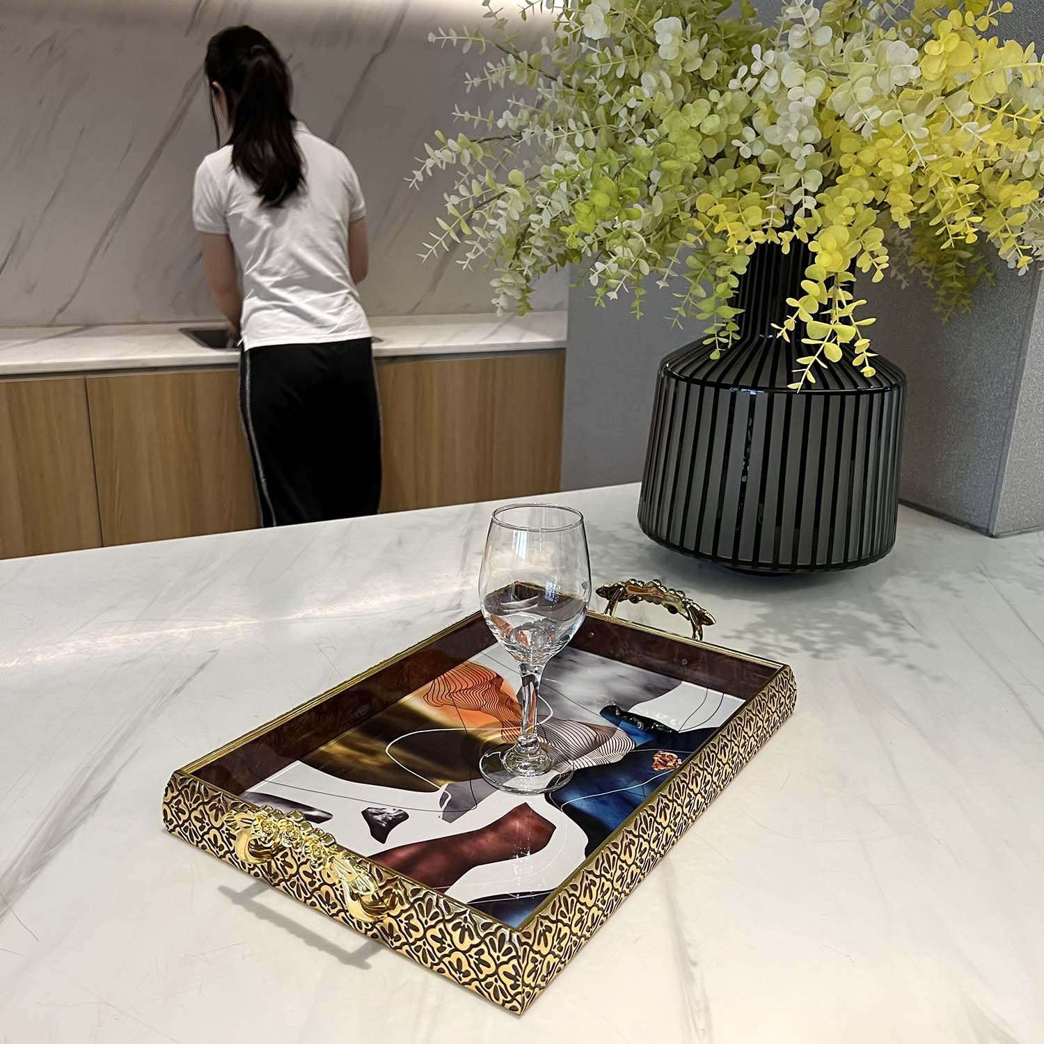 Zosenley Decorative Tray, Set of 2 Abstract Plastic Tray with Gold Patterned Handles