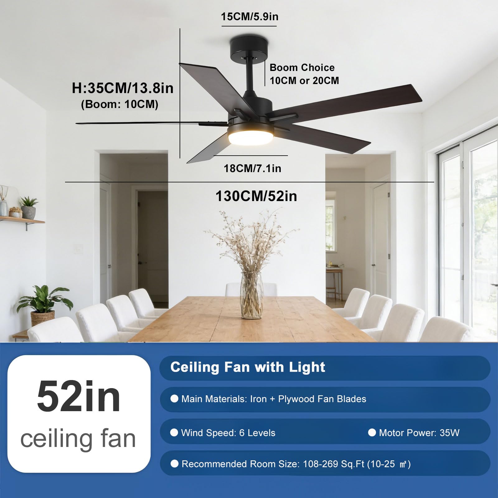 Ventilador de Techo Negro de 52 Pulgadas con luz, Moderno, silencioso, con LED Regulable, Control Remoto Inteligente/App/Voz, 6 velocidades para Dormitorio, Comedor y Sala de Estar
