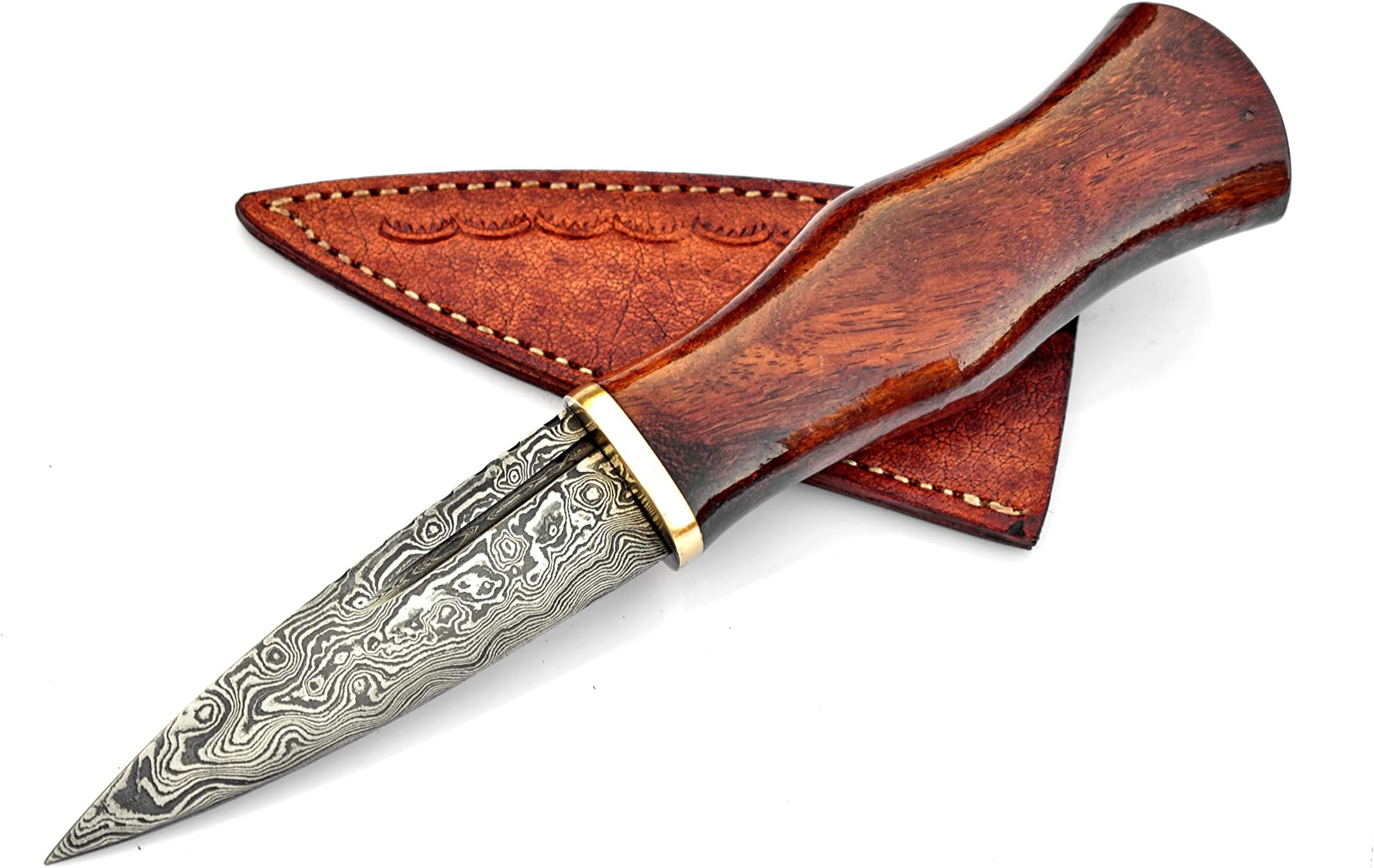 Scottish Dirk SGIAN DUBH Knife Hand Forged Damascus Steel Blade Custom Handmade Rose Wood Handle with Leather Sheath, Brown, Black and Silver