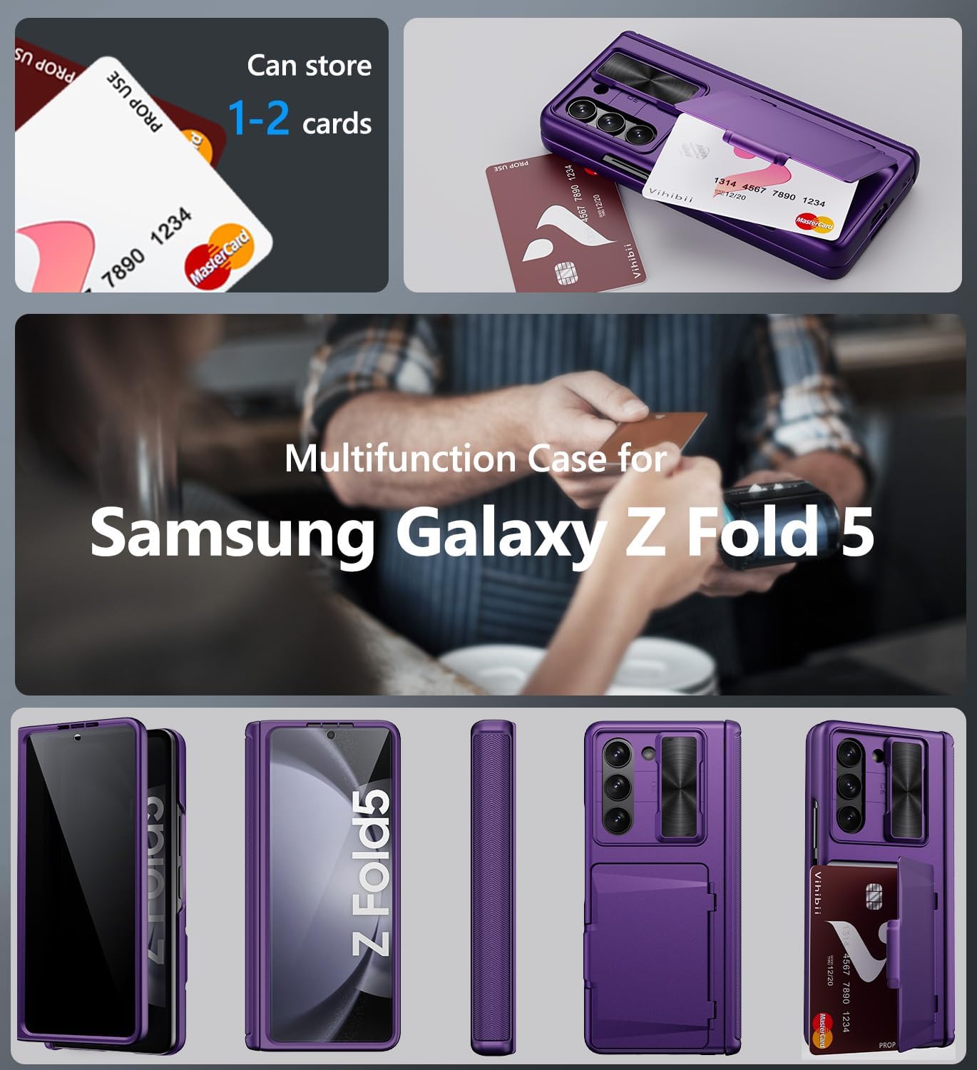 Vihibii for Samsung Galaxy Z Fold 5 Case with Privacy Screen Protector, Built-in Card Holder & Slide Camera Cover & Rugged Hinge Protection, Durable Wallet Phone Case for Galaxy Z Fold 5, Dark Purple